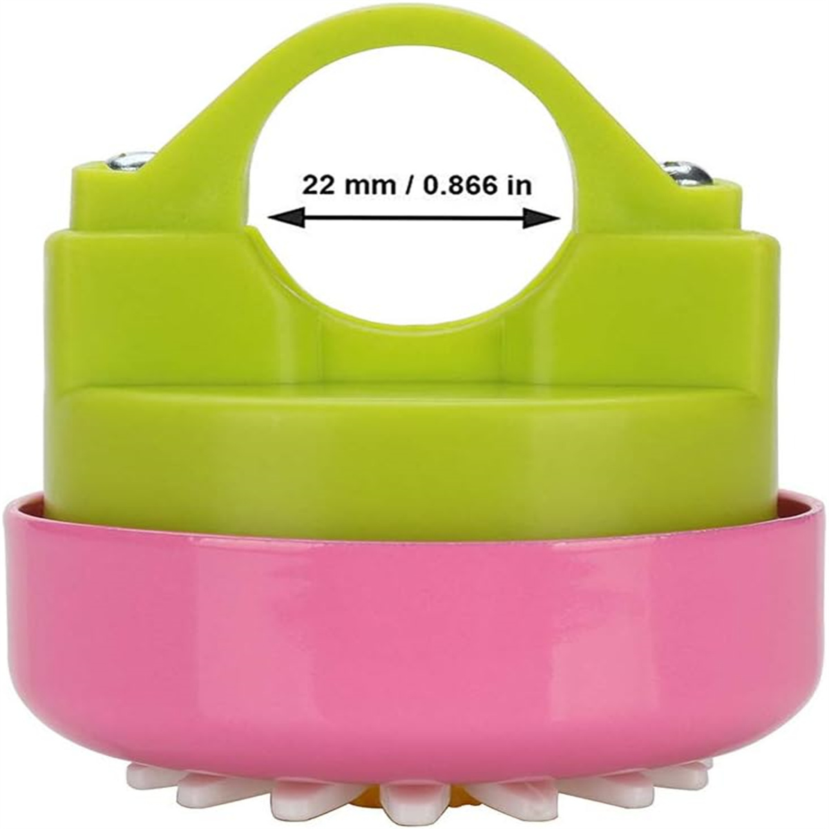 Ein zweifarbiges Kunststoffgerät, grün und rosa, mit einem Loch in der Mitte und der Größe 22 mm.