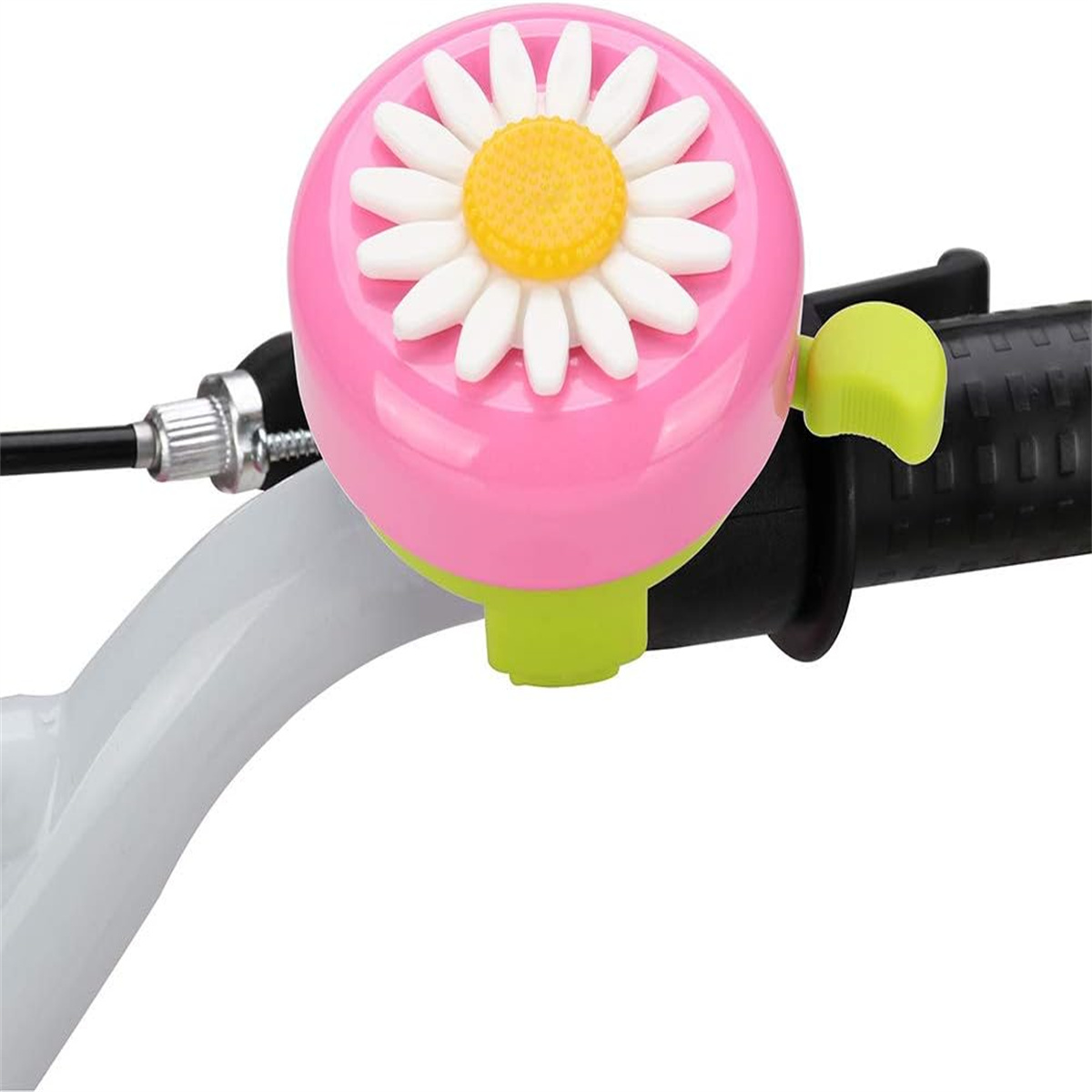 Rosa Fahrradklingel mit weißem Gänseblümchen-Design und grünem Hebel.
