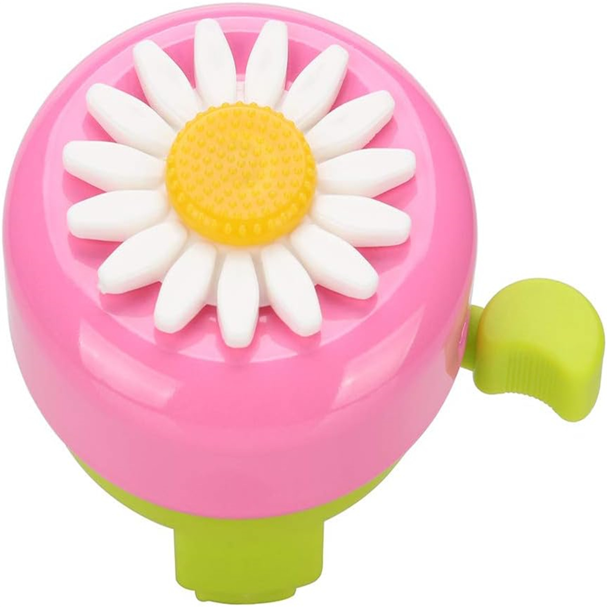 Eine pinke Fahrradklingel mit einer weißen Gänseblümchen.