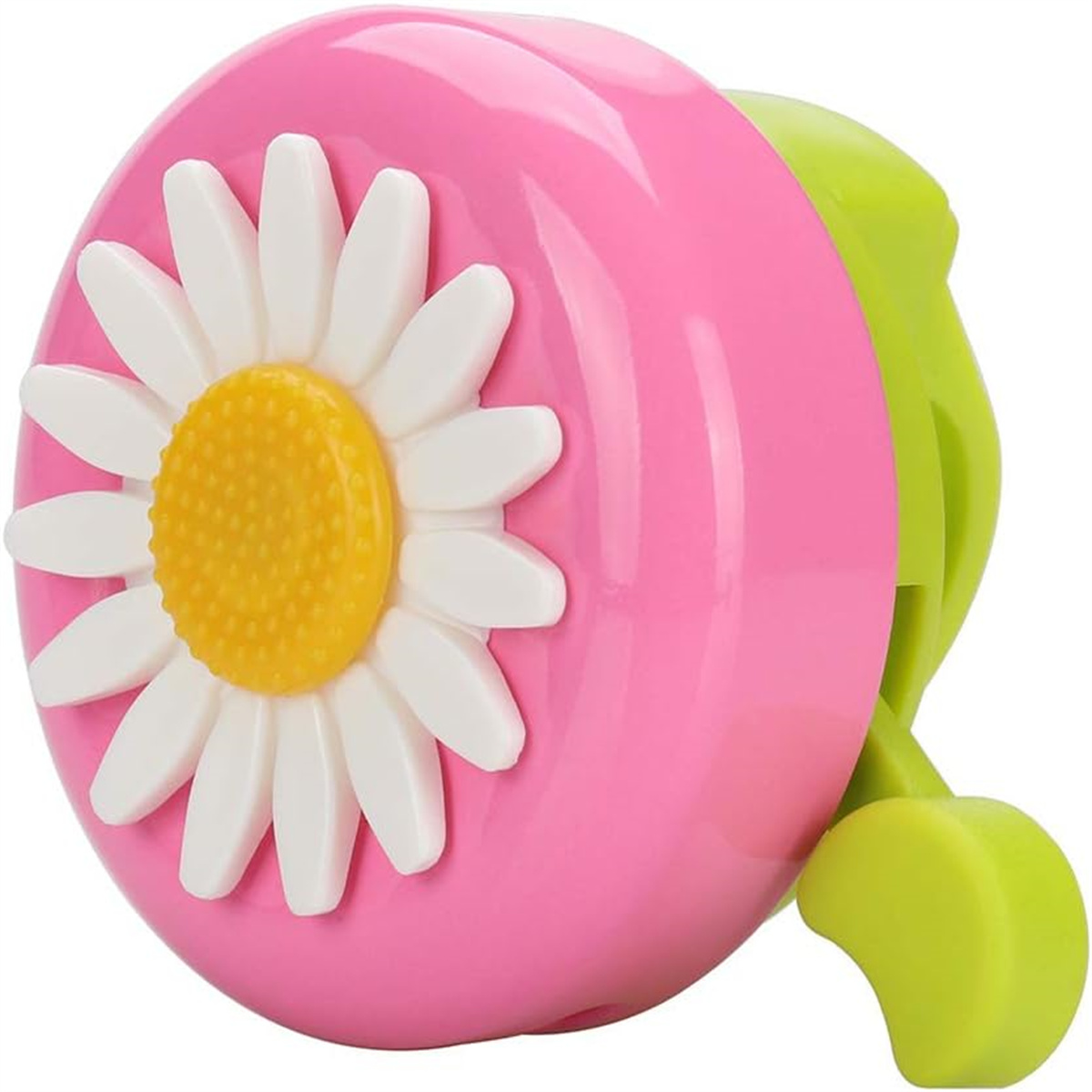 Eine rosa und grüne Fahrradklingel mit einem Gänseblümchen-Design oben. Die Glocke ist rund.