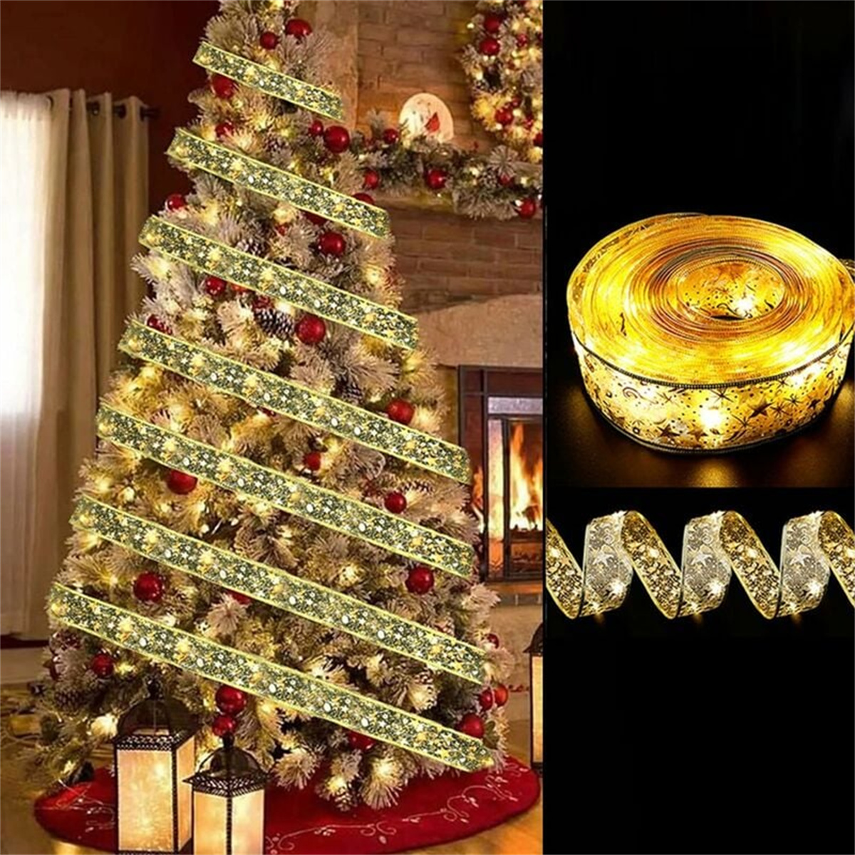 Weihnachtsbaum mit Lichtern und Ornamenten. Goldenes Band schmückt den Baum.