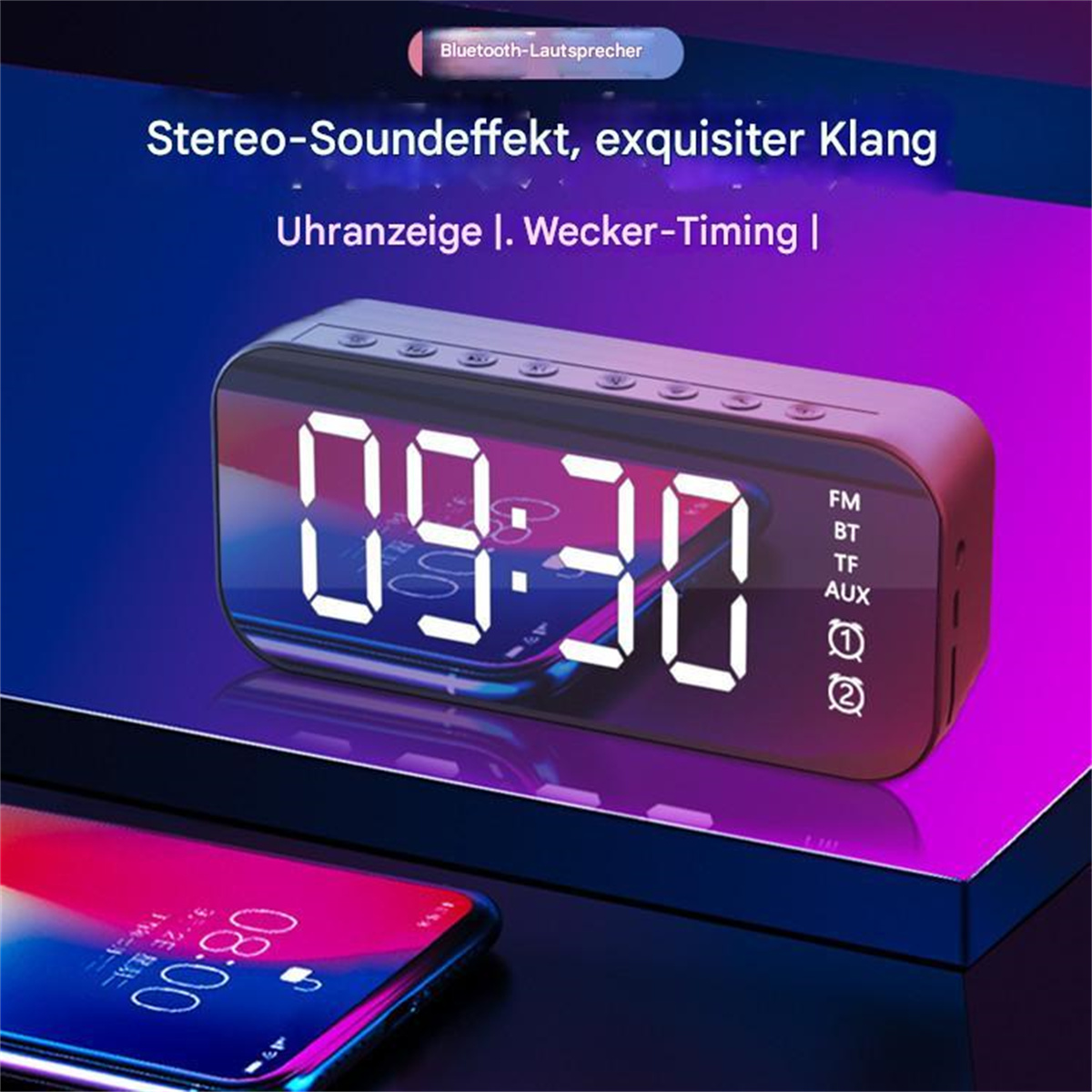 Digitaluhr mit der Anzeige 09:30. Die Uhr ist schwarz und lila. Es gibt ein Telefon, das 08:00 zeigt.