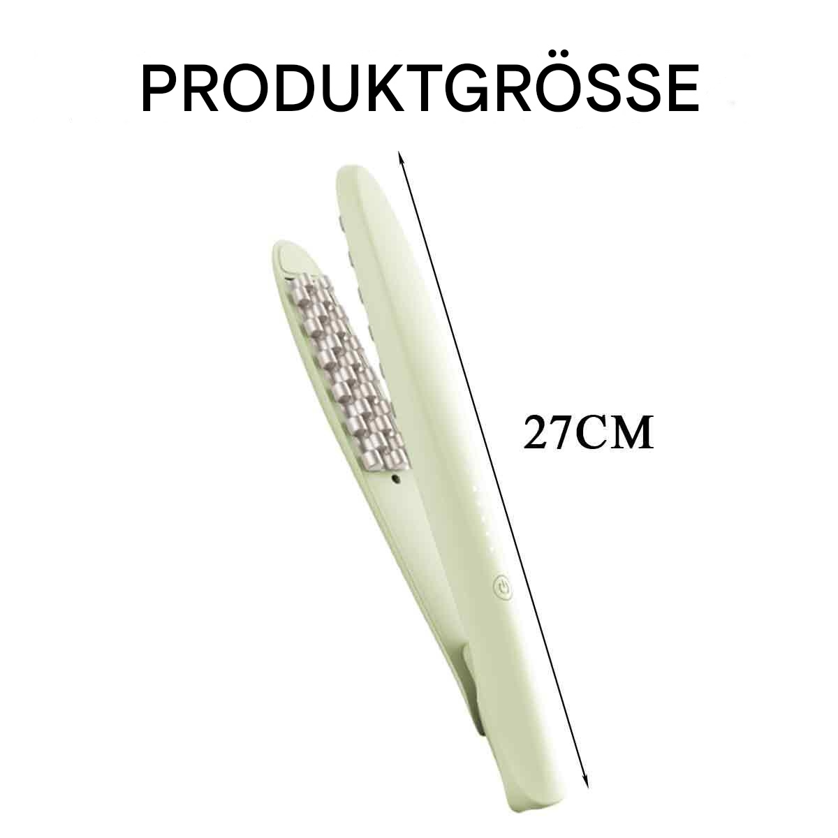 Haarglätter, weiß mit silbernen Platten, abgewinkelt. Text lautet 'PRODUKTGRÖSSE' und '27CM'.