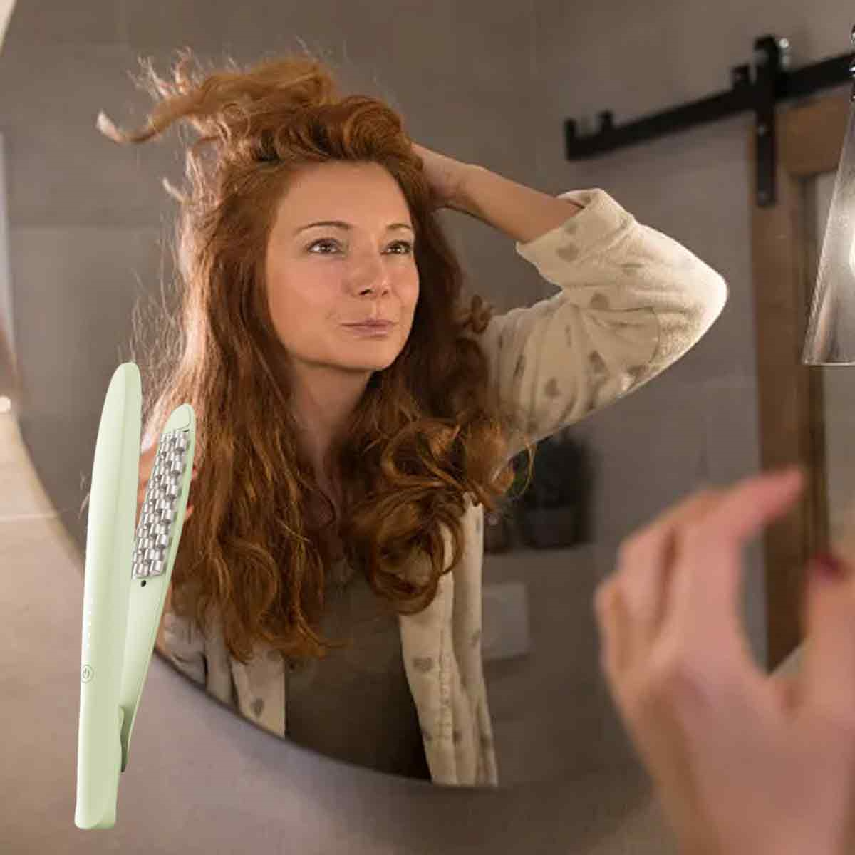 Eine Frau blickt in einen Spiegel und hält einen hellgrünen Haarglätter. Ihr Haar ist lang und wellig.