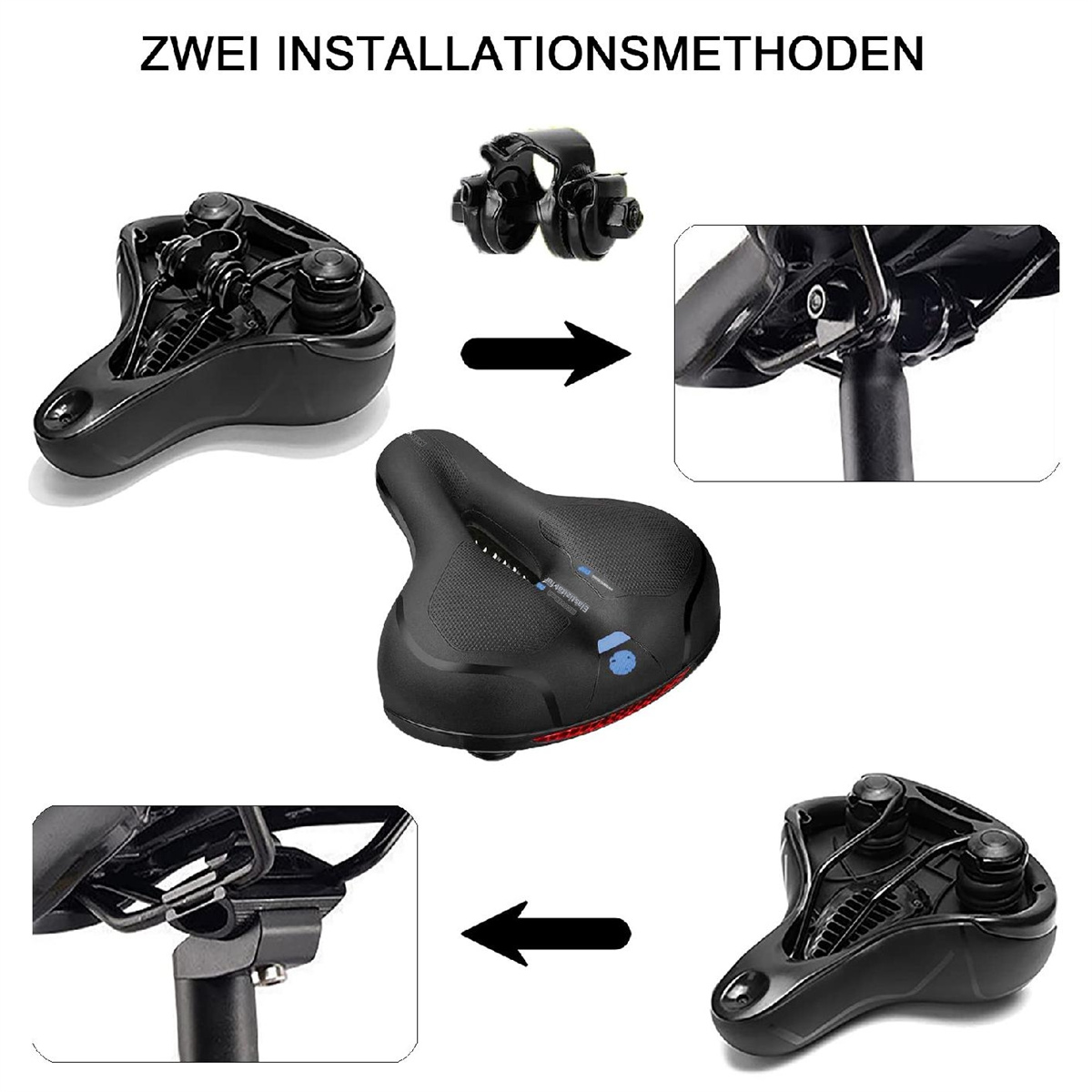 Diagramm, das die Fahrradsattelmontage zeigt. Zwei Methoden mit Pfeilen, die den Vorgang anzeigen.