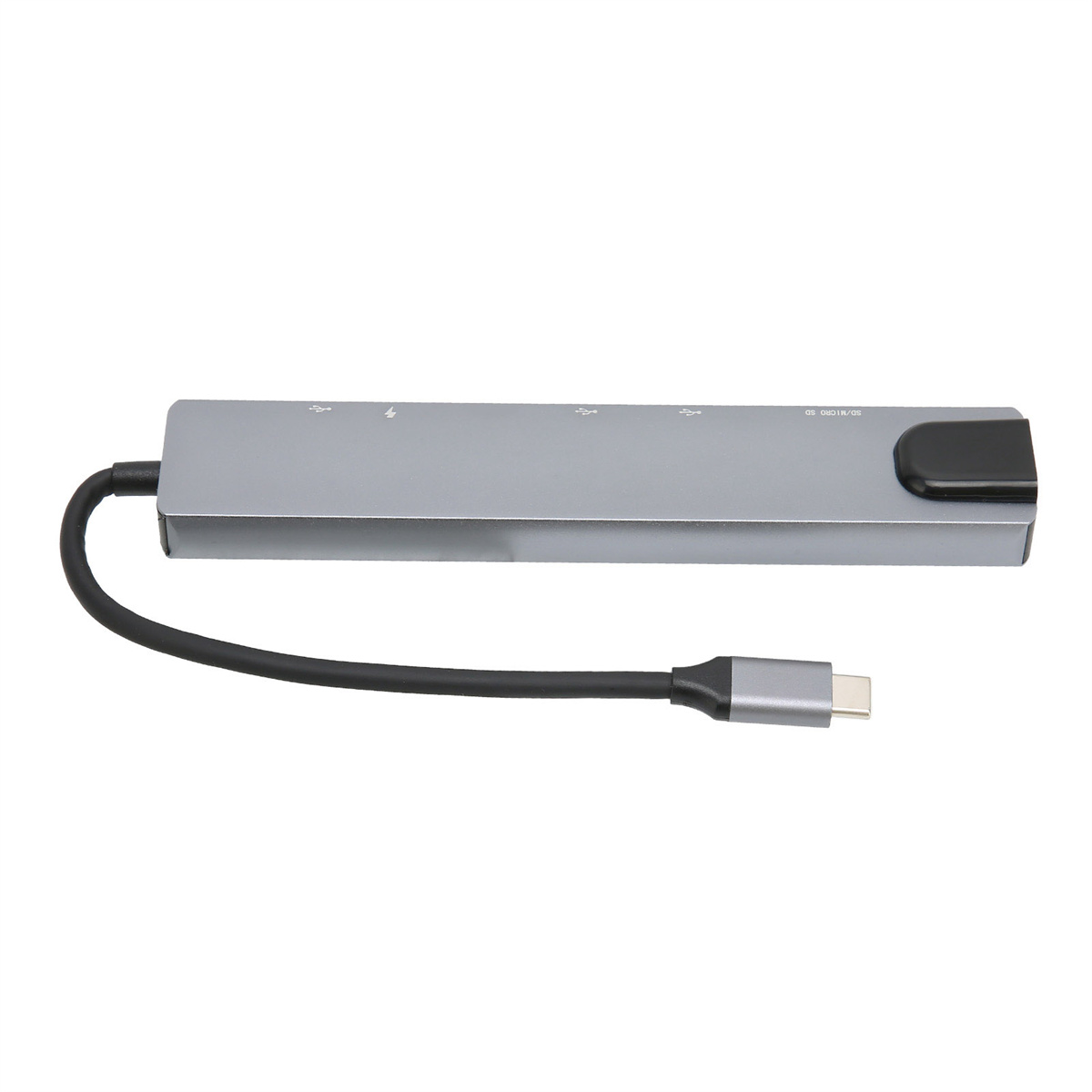 Silberner USB-C-Hub mit mehreren Anschlüssen und einem schwarzen Kabel. Weißer Hintergrund.
