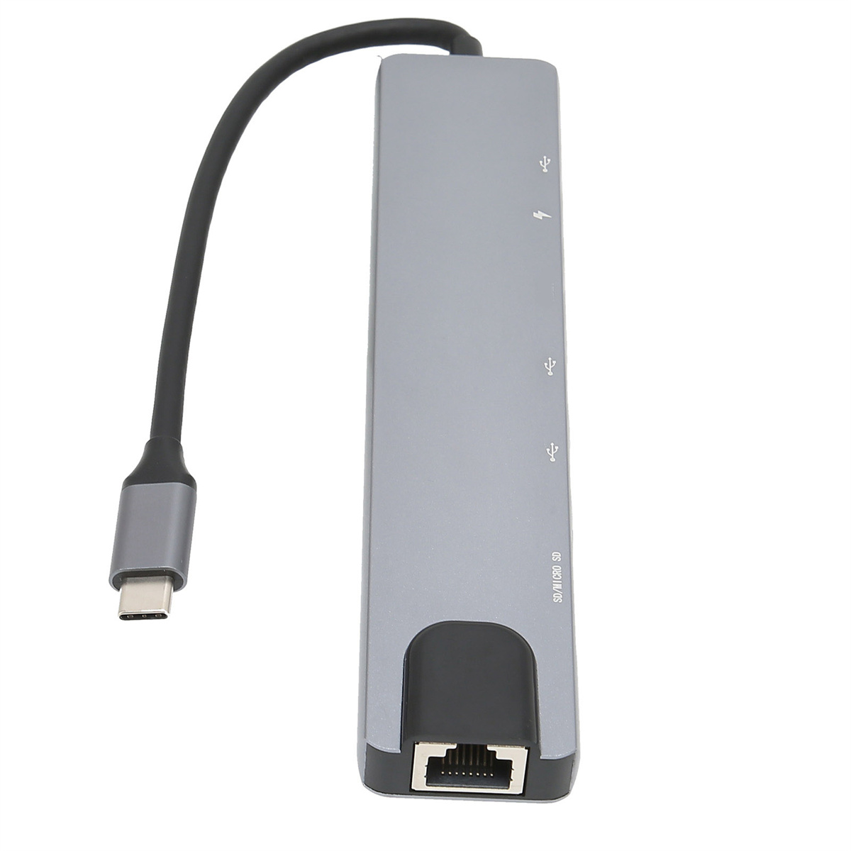Silberner Multi-Port-Adapter mit schwarzem Kabel, weißer Hintergrund.