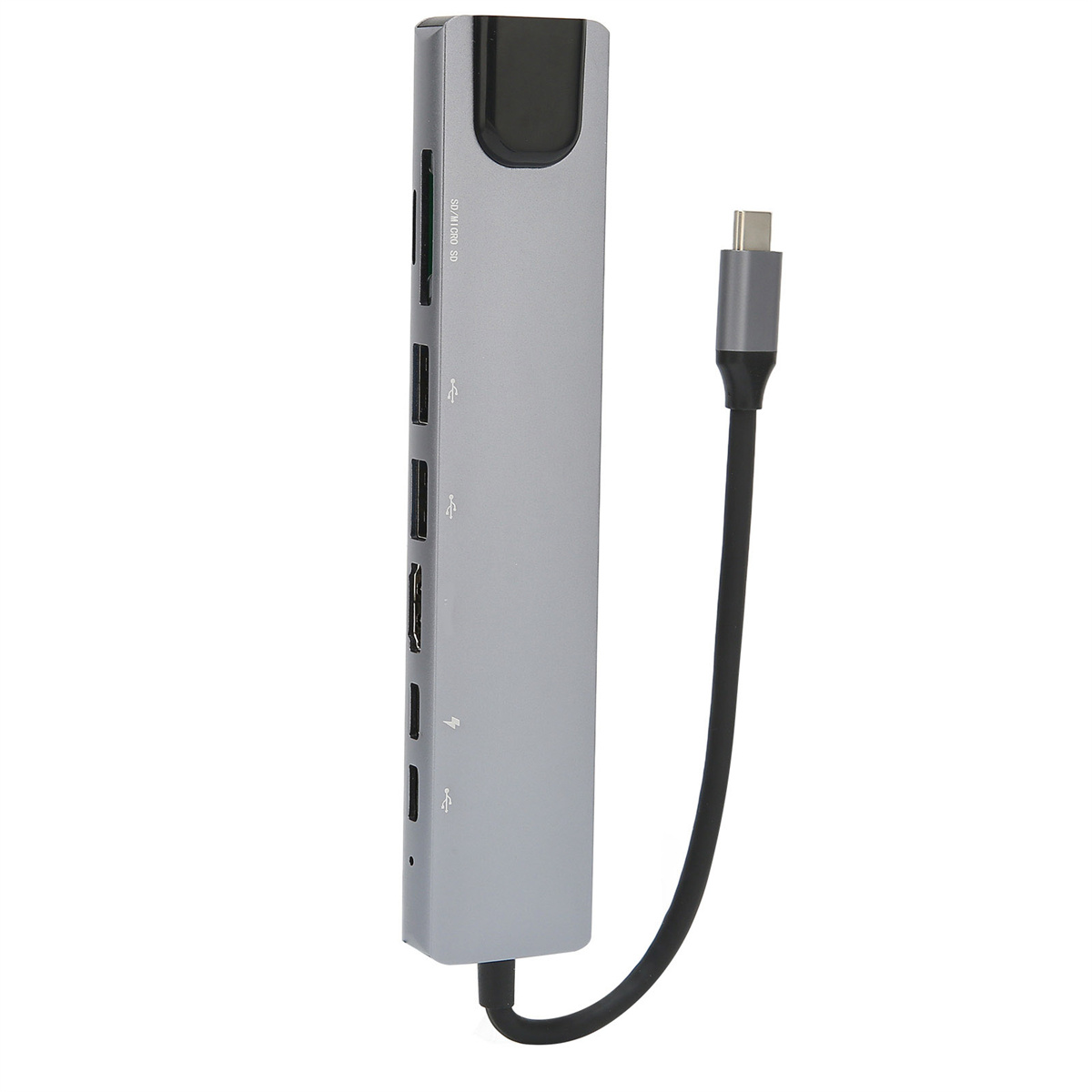 Ein silberner USB-C-Hub mit mehreren Anschlüssen. Er hat einen SD-Kartensteckplatz, USB-Anschlüsse und einen Ladeanschluss.