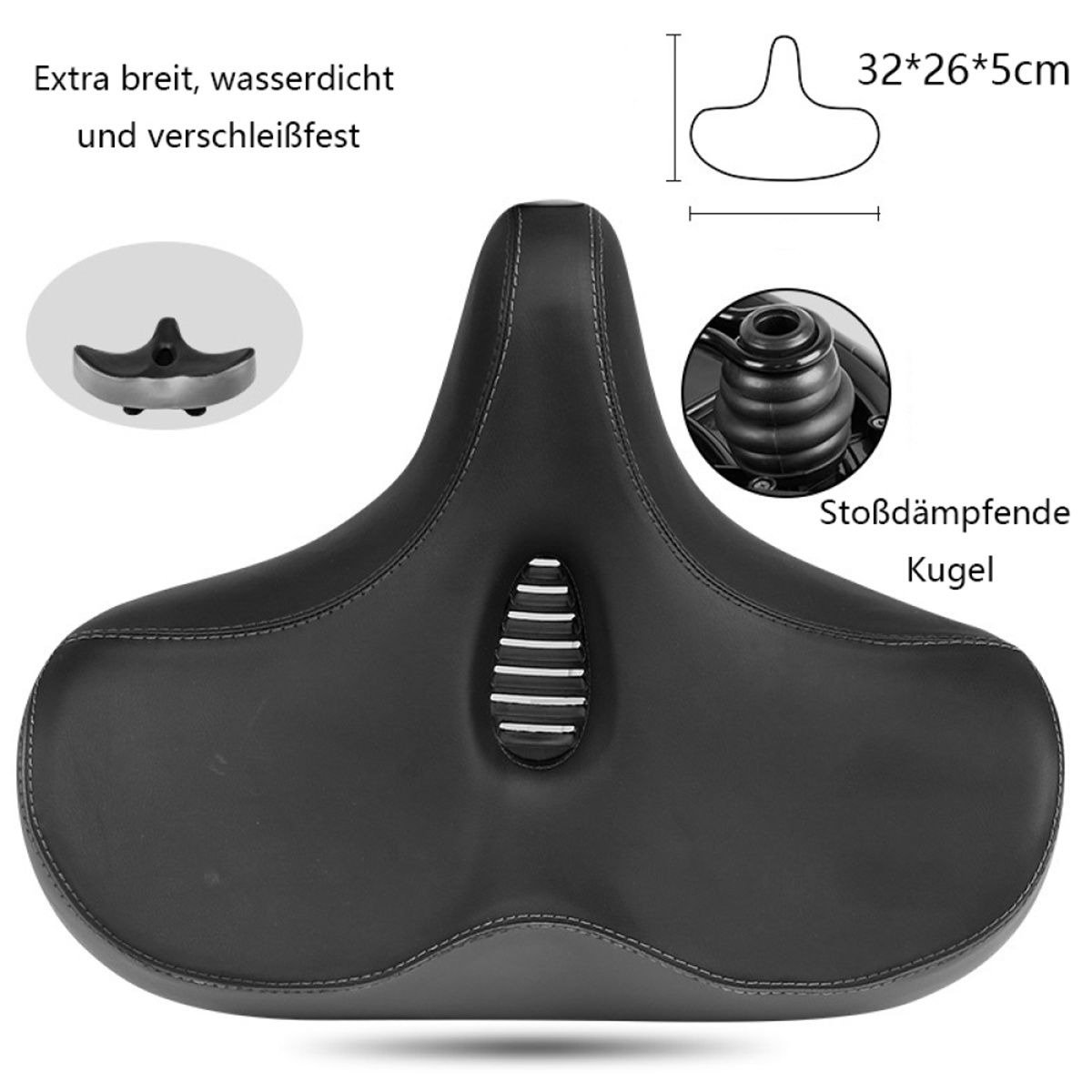 Schwarzer Fahrradsattel mit Abmessungen und Eigenschaften wie stoßdämpfende Kugel.