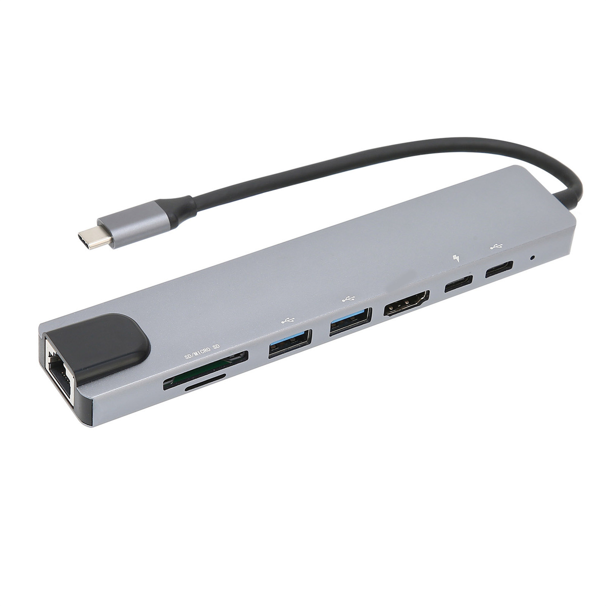 Ein silberner USB-C-Hub mit verschiedenen Anschlüssen: Ethernet, USB, SD-Kartensteckplätze und HDMI.