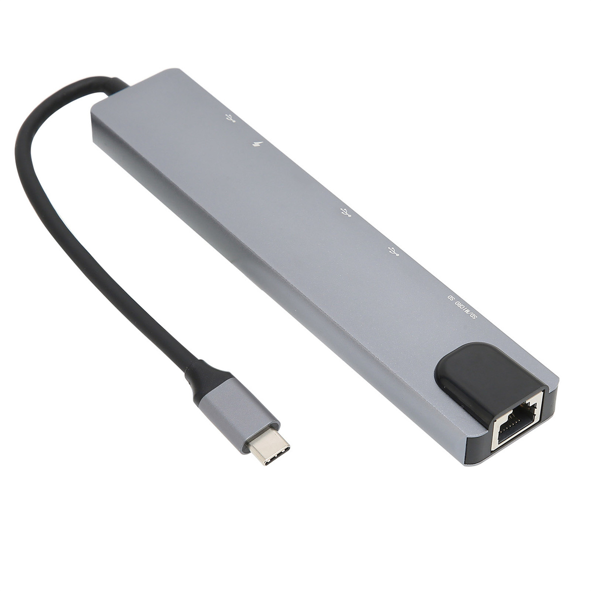 Grauer USB-C-Hub mit mehreren Anschlüssen und schwarzem Kabel. Weißer HG.