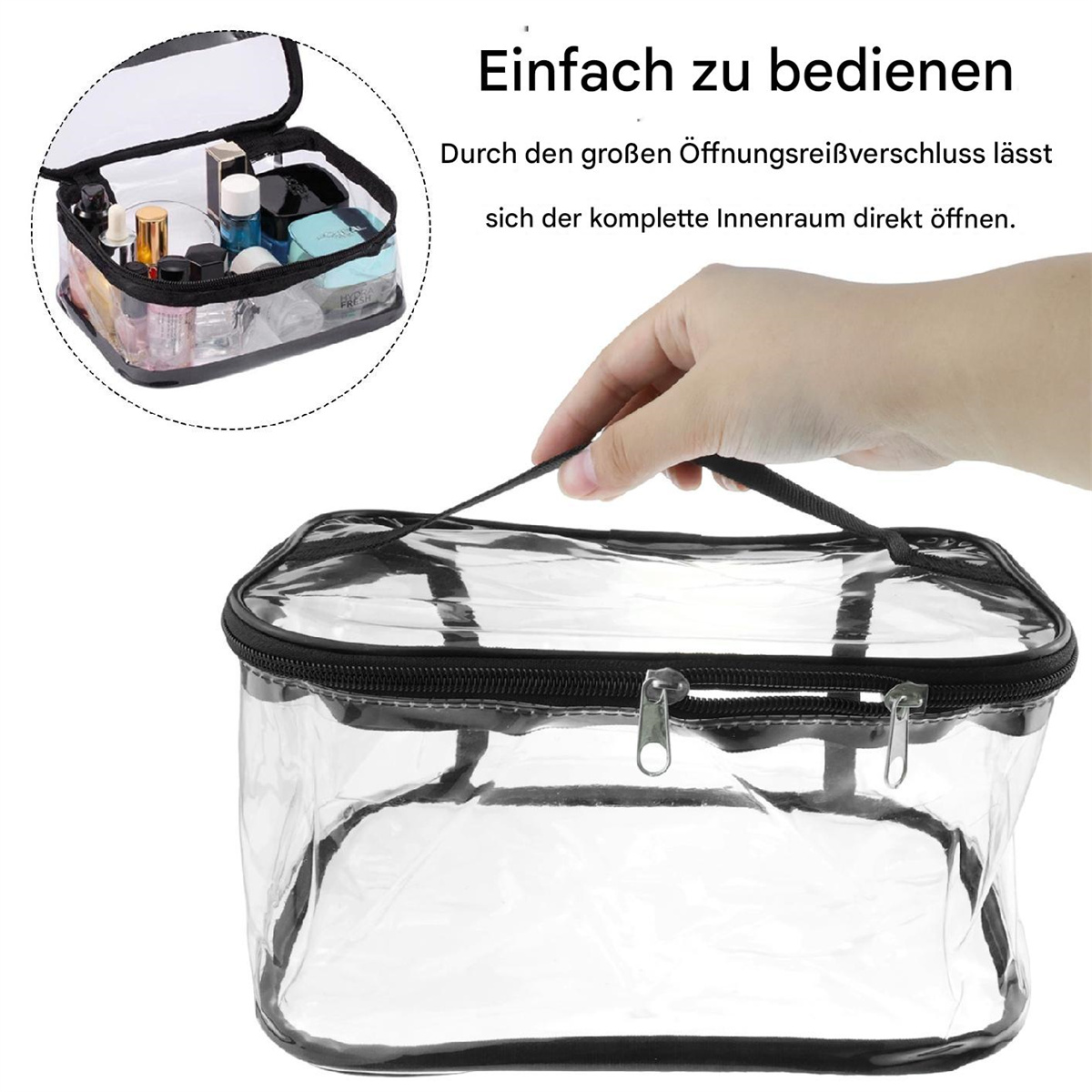 Eine offene, transparente Kosmetiktasche, die Make-up-Produkte zeigt, mit einer Hand, die die Tasche hält.