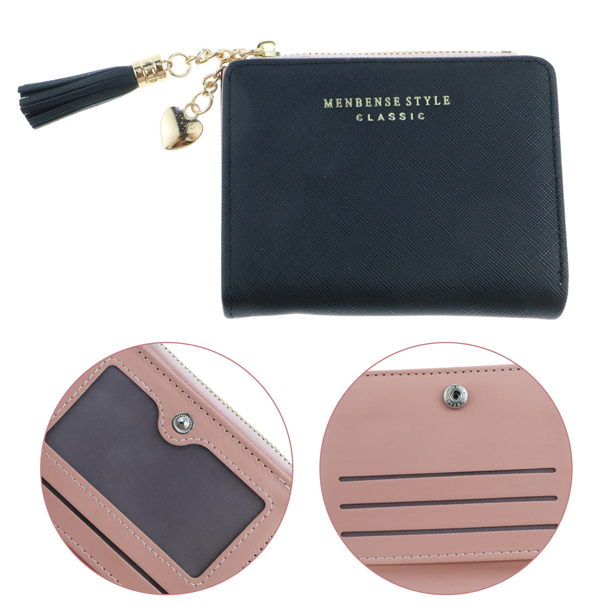 Eine schwarze Geldbörse mit goldenen Akzenten, einer Quaste und einem Herzanhänger. Innen zwei rosa Taschen.