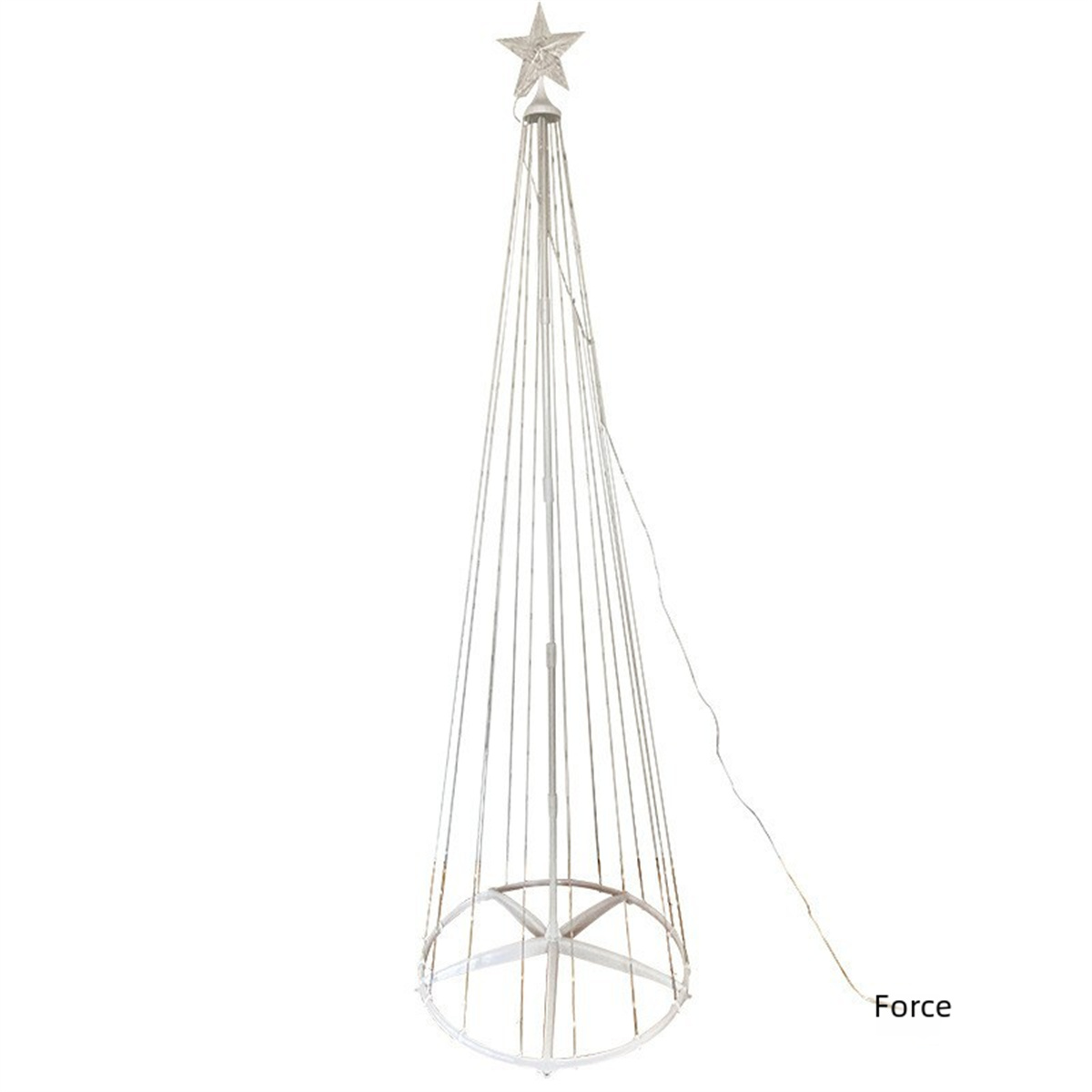 Weißer Weihnachtsbaumrahmen aus Metall mit einem Stern oben. Das Wort Force steht rechts.