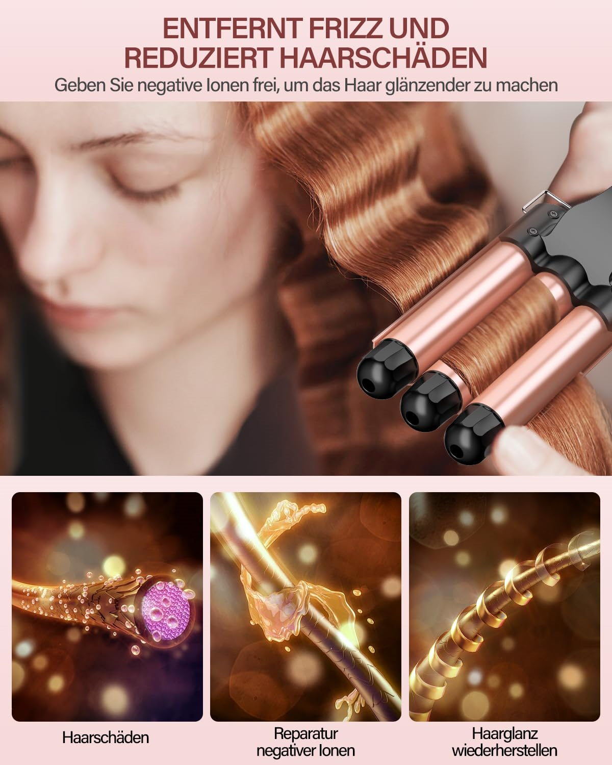 Frau, die ihr Haar mit einem Lockenstab mit drei Läufen stylt. Text enthält Vorteile.