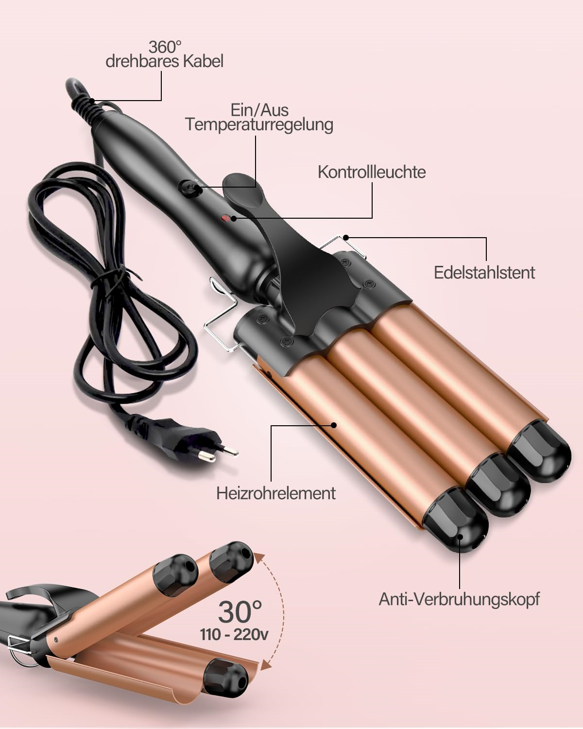 Haarwellengerät mit beschrifteten Teilen und Etiketten auf Deutsch, auf rosa Hintergrund.