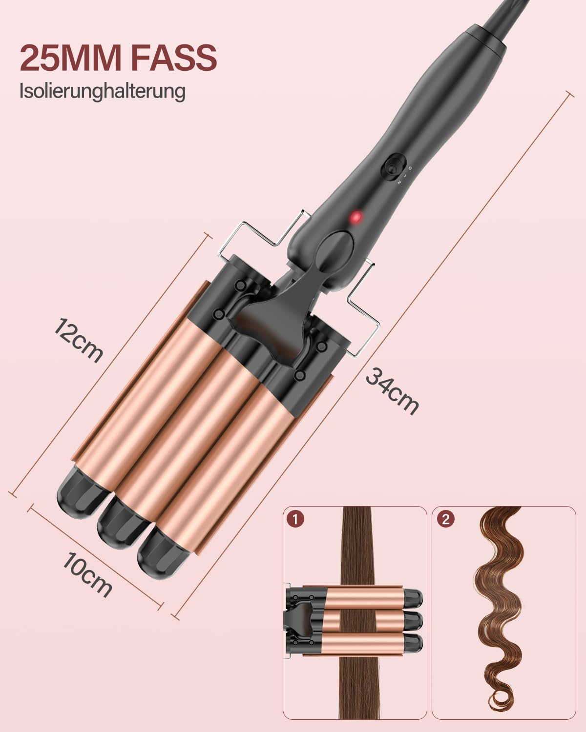 Haar-Waver mit Abmessungen. Enthält 25 mm Lauf und eine Probe von welligem Haar.