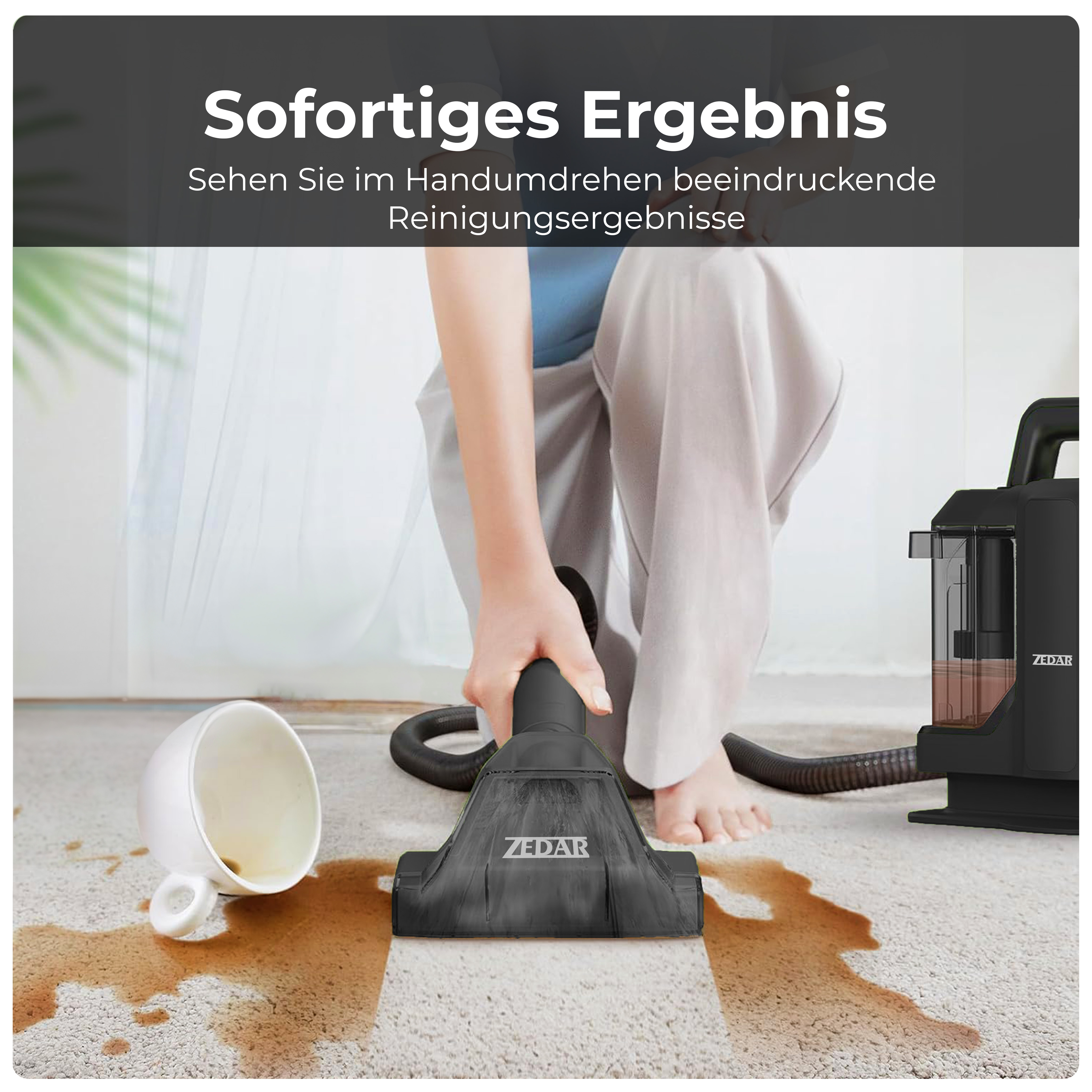 Eine Person, die einen Teppich mit einem Zedar-Staubsauger saugt. Eine verschüttete Tasse und Wasserflecken sind sichtbar.