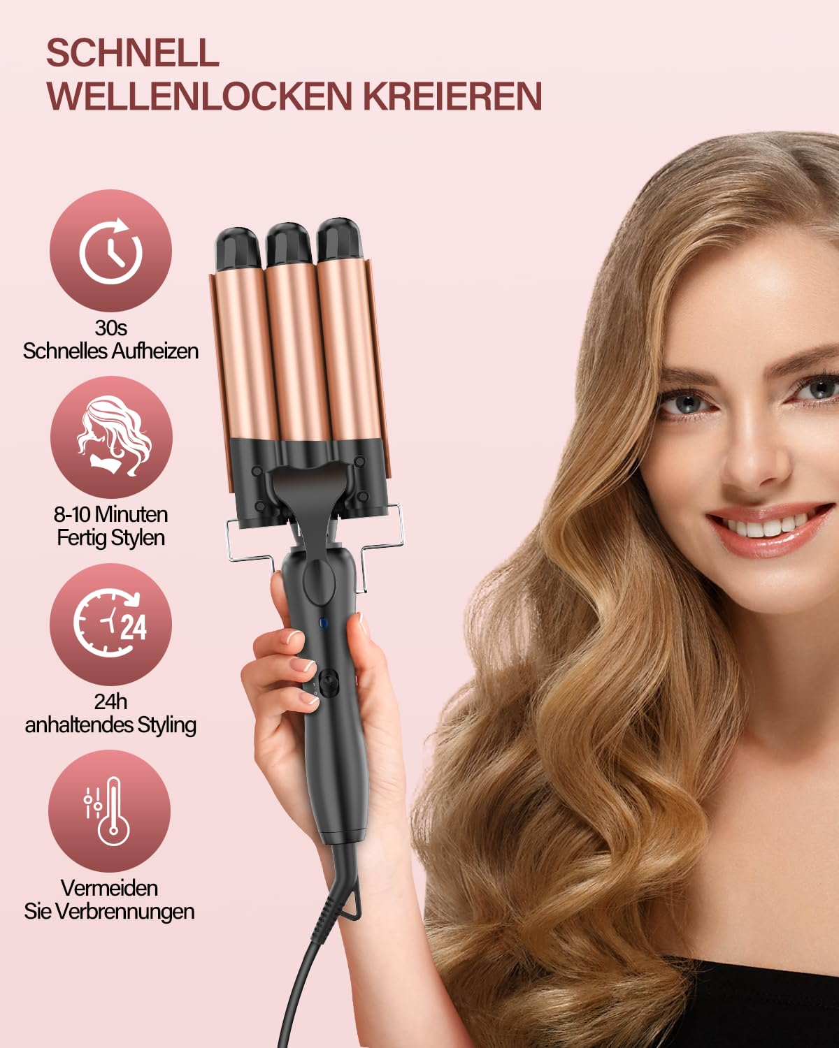 Eine Frau hält einen roségoldenen Haarwellenmacher. Symbole beschreiben Funktionen. Der Hintergrund ist weiß.