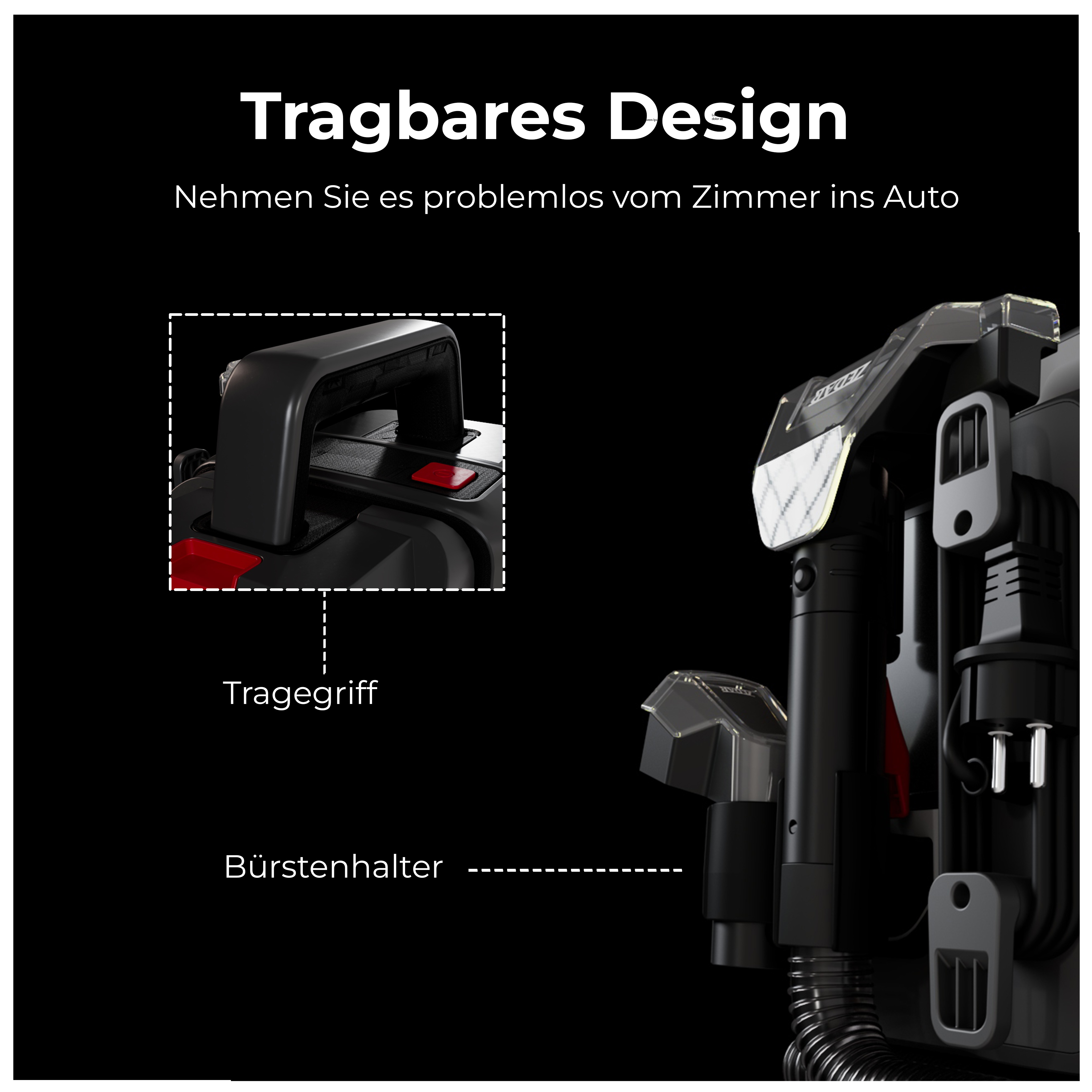 Schwarzer Staubsauger mit Griff und Bürstenhalter. Text: Tragbares Design. Nehmen Sie es vom Zimmer ins Auto.