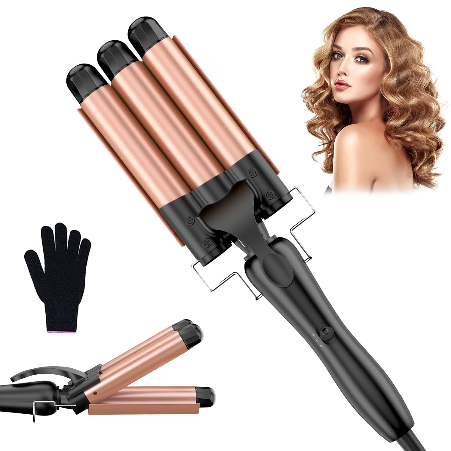 Ein gold-schwarzes Haarwellengerät mit einer Frau mit Locken und einem Handschuh.