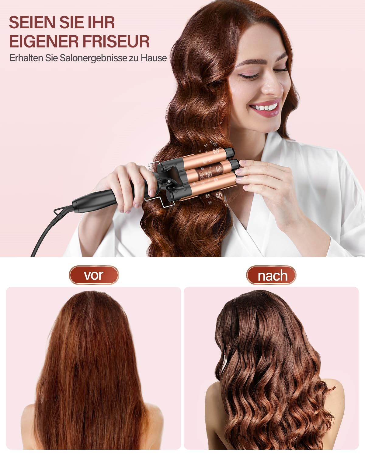 Frau, die ein Haarwellen-Werkzeug auf ihrem Haar verwendet. Vorher-Nachher-Bilder werden angezeigt.