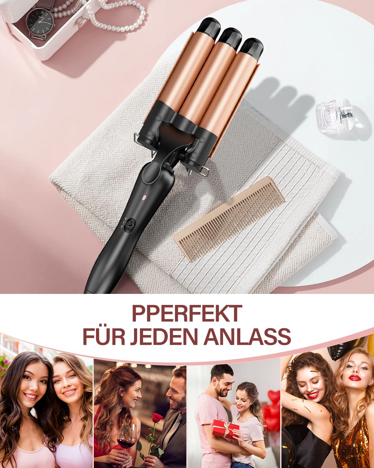 Haarcurler mit drei Lockenstäben und Kamm. Frauen in verschiedenen Umgebungen: formell, romantisch, Geschenk, Party.