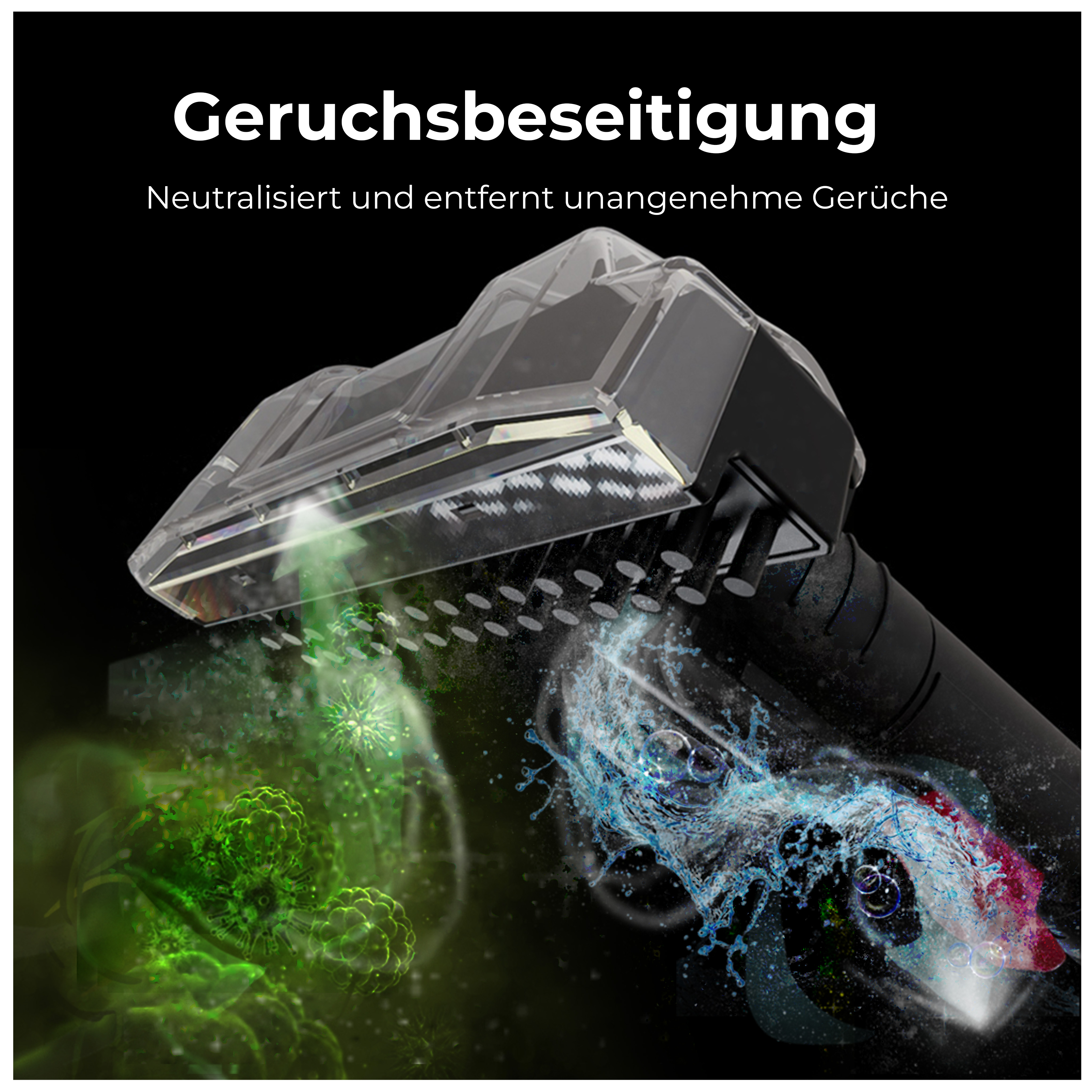 Schwarzer Reinigungskopf mit Text: 'Geruchsbeseitigung'. Blaue und grüne Flüssigkeitseffekte.