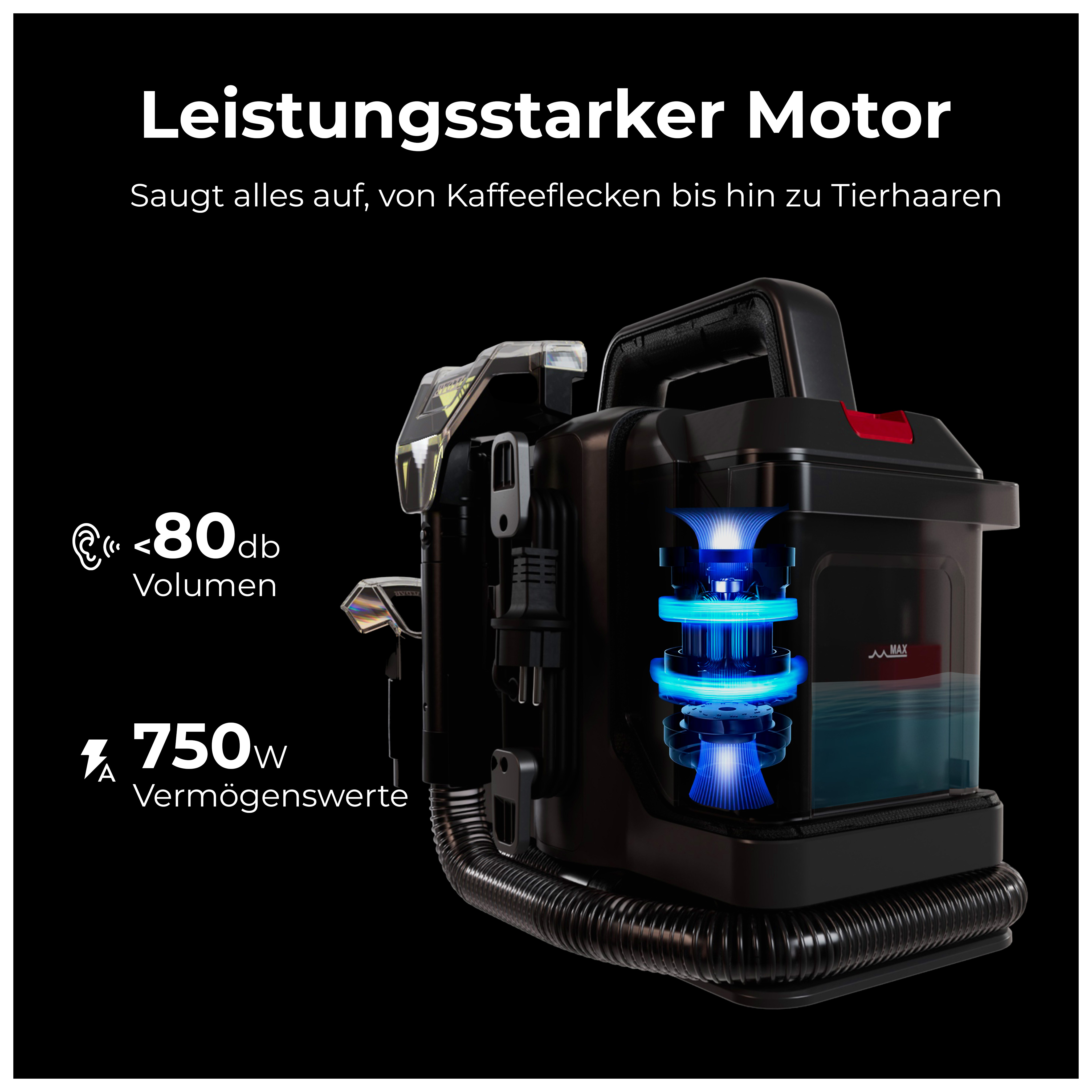 Schwarzer Staubsauger mit Text über seine Leistung. Zeigt interne blaue Lichter und maximalen Wasserstand.
