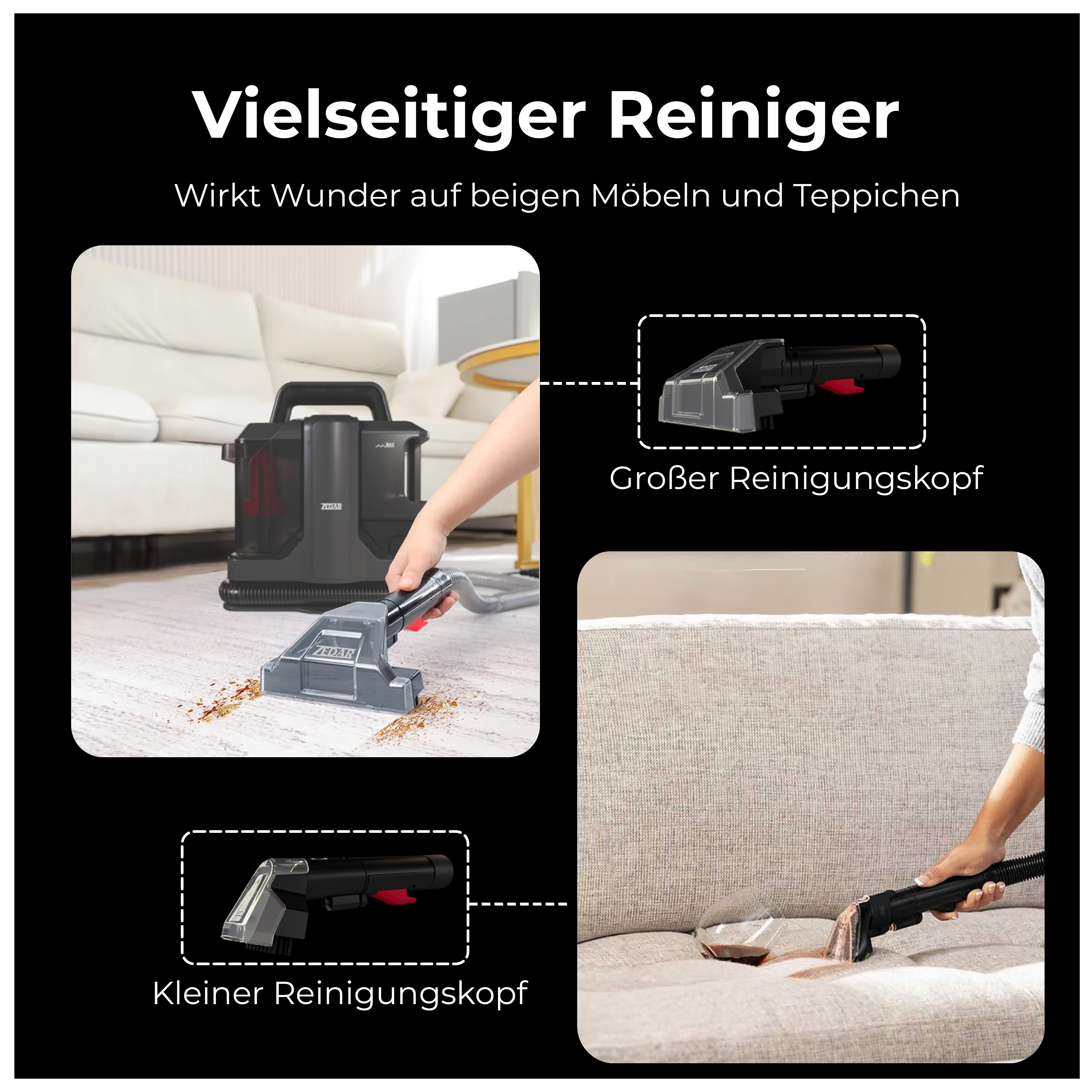 Staubsauger reinigt Teppich und Sofa. Es zeigt Aufsätze und Reinigungsköpfe.