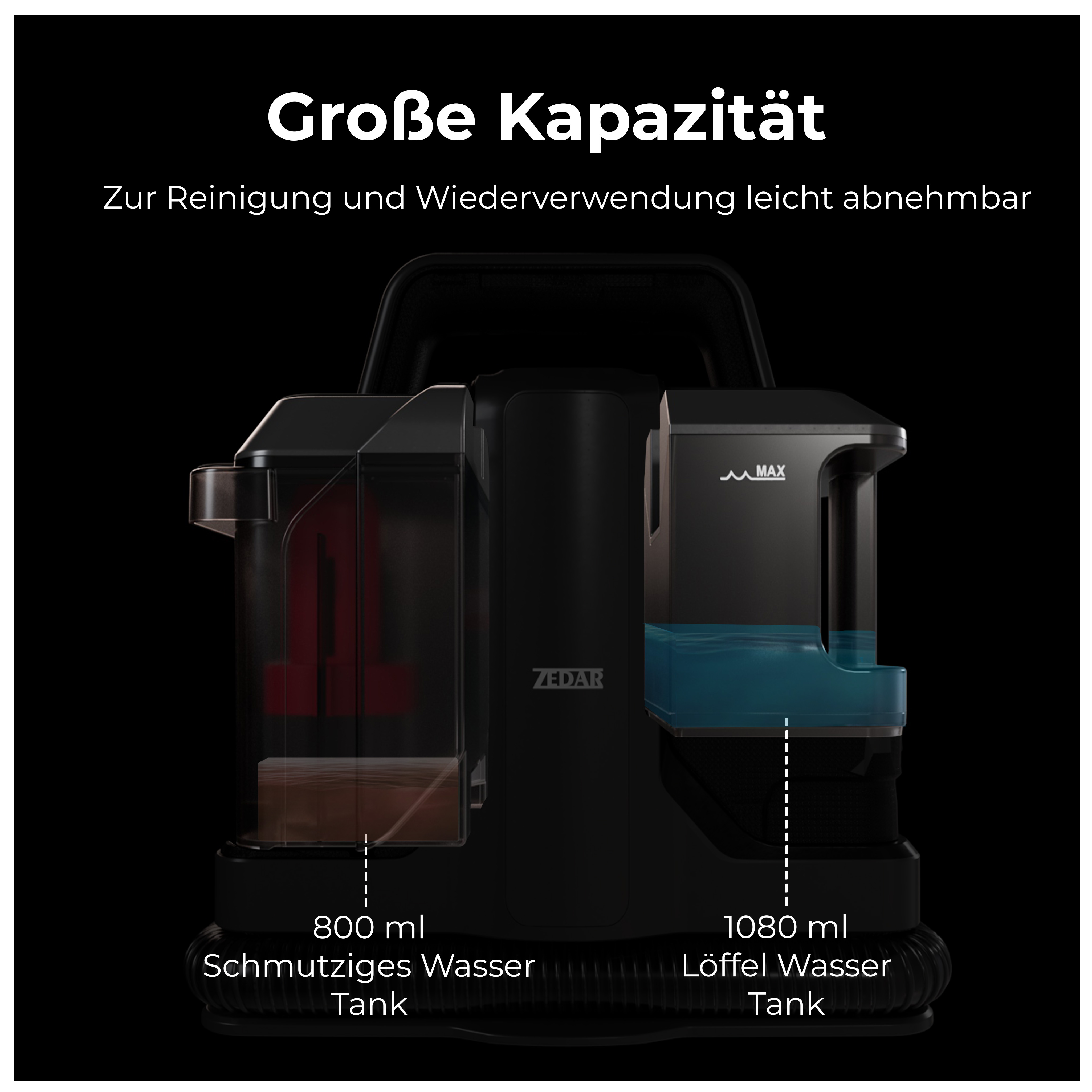 Schwarzer und klarer Staubsauger mit zwei Behältern. Text gibt eine Kapazität von 800 ml und 1080 ml an.
