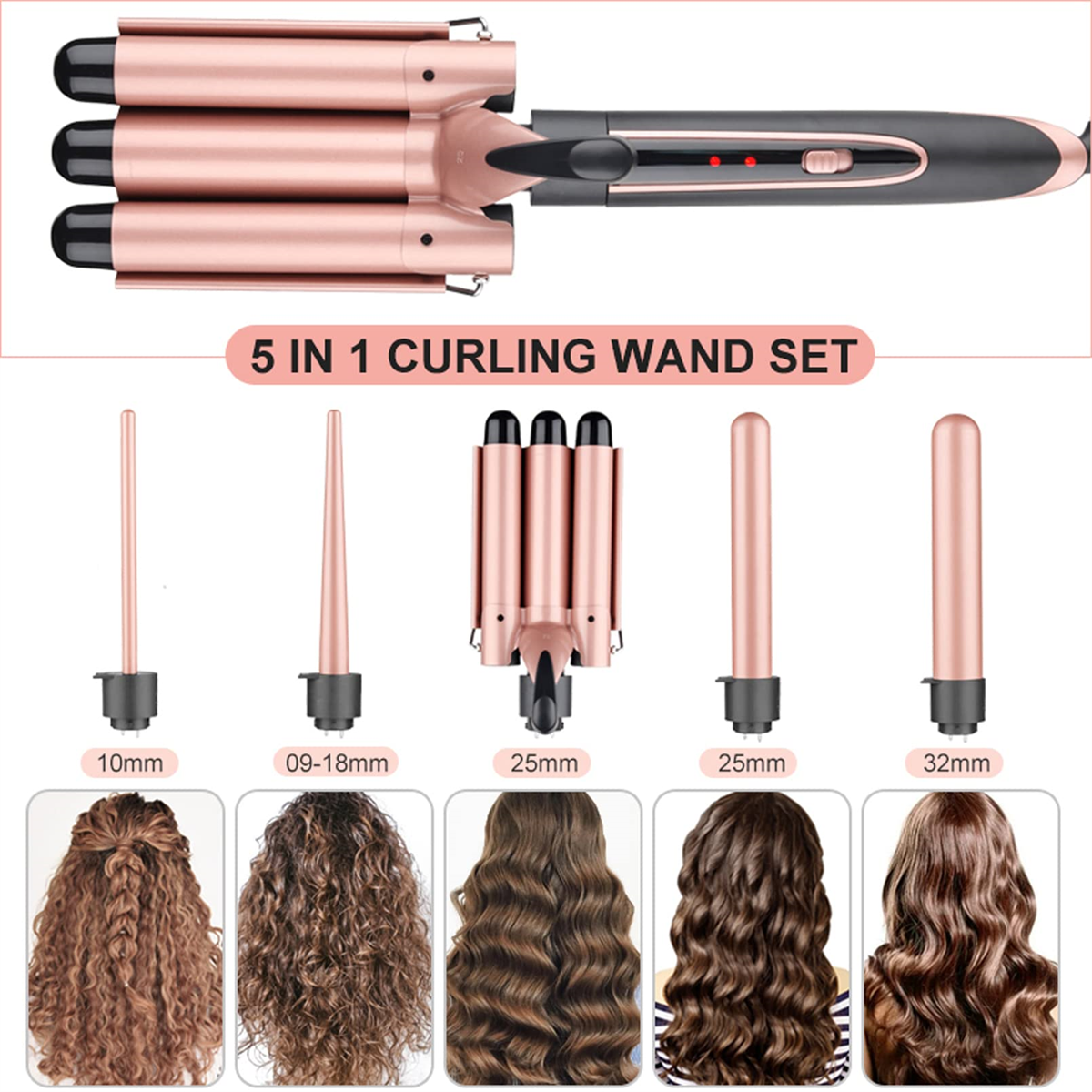 Ein Lockenstab-Set mit verschiedenen Aufsätzen für unterschiedliche Lockengrößen. Das Set ist roségold.