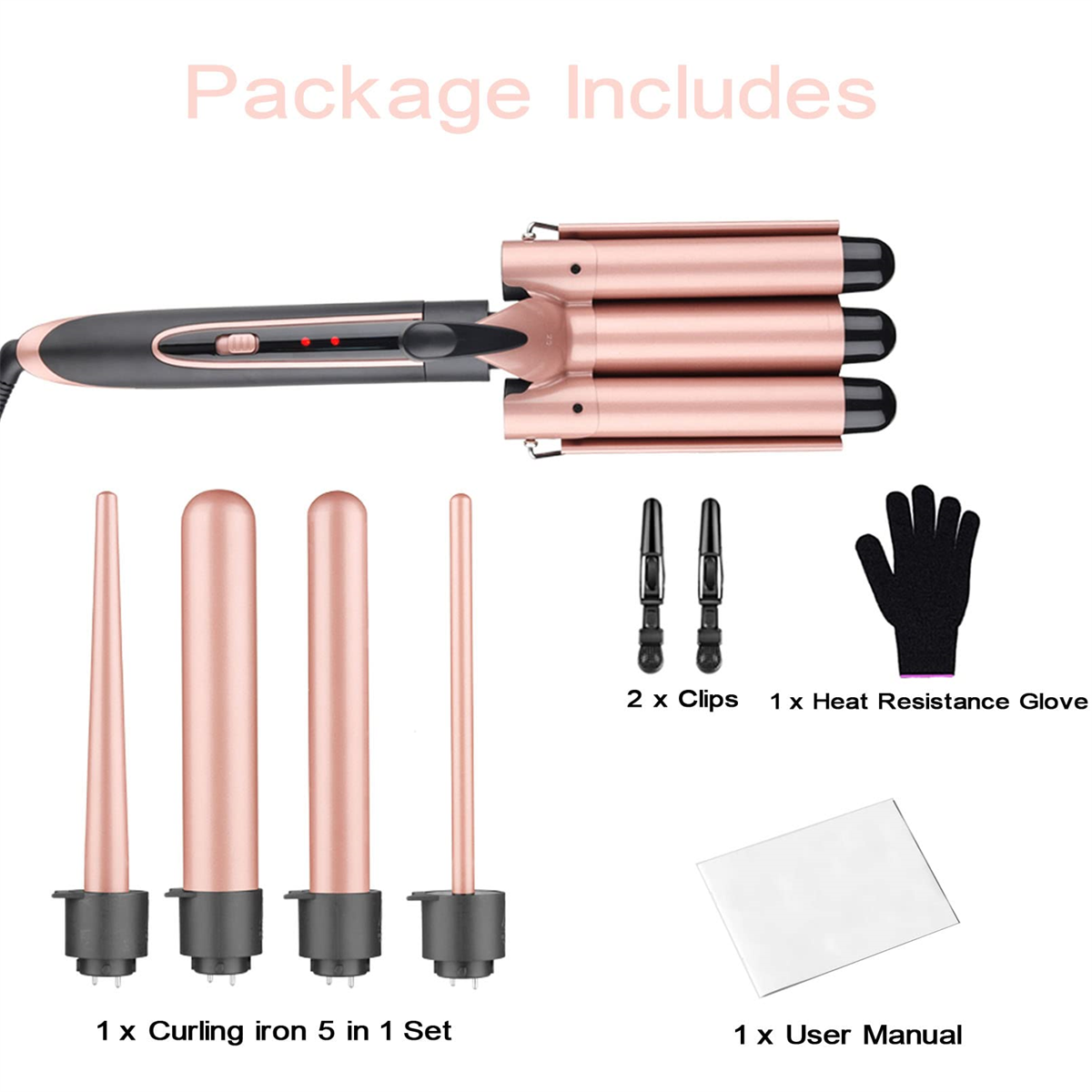 Haarstyling-Kit mit Lockenstab, verschiedenen Aufsätzen, Clips und hitzebeständigem Handschuh.
