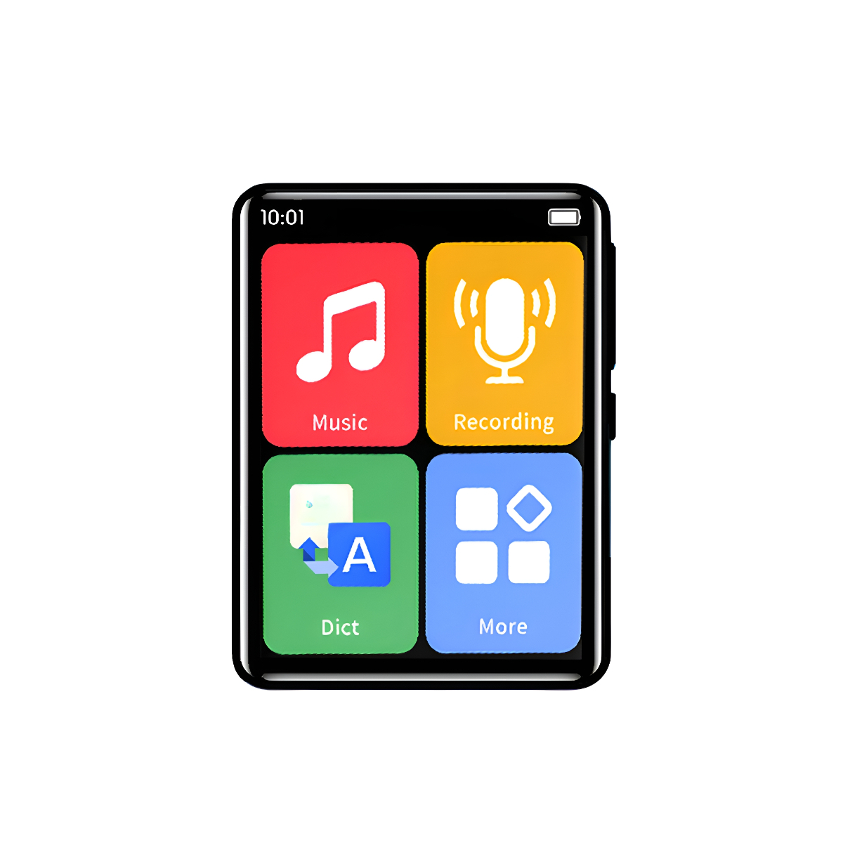 Schwarzes Handheld-Gerät mit vier farbigen App-Symbolen: Musik, Aufnahme, Dict und mehr.