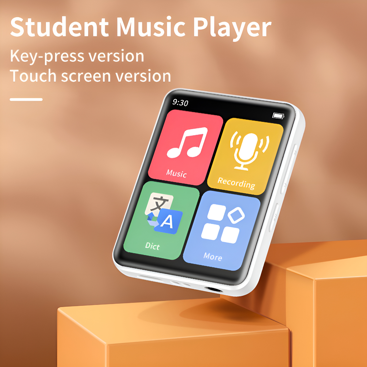 Weißer Musikplayer für Schüler mit Touchscreen-Oberfläche auf einem orangefarbenen Würfel.