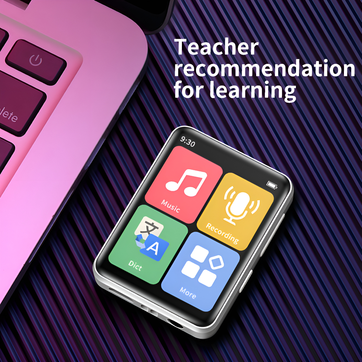 Kleiner weißer MP3-Player mit Bildschirm, der Musik-, Aufnahme-, Wörterbuch- und weitere Symbole anzeigt. Lehrerempfehlung.