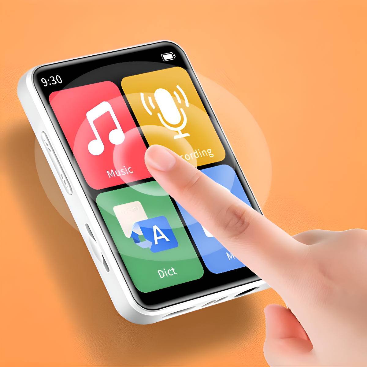 Ein weißer MP3-Player mit Touchscreen. Ein Finger berührt das Symbol 'Musik'. Der Hintergrund ist orange.