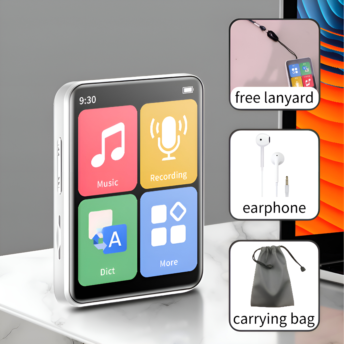 Weißer Musikplayer mit Bildschirm, Kopfhörer und Tragetasche. Zeigt Musik, Aufnahme, Diktat und mehr.