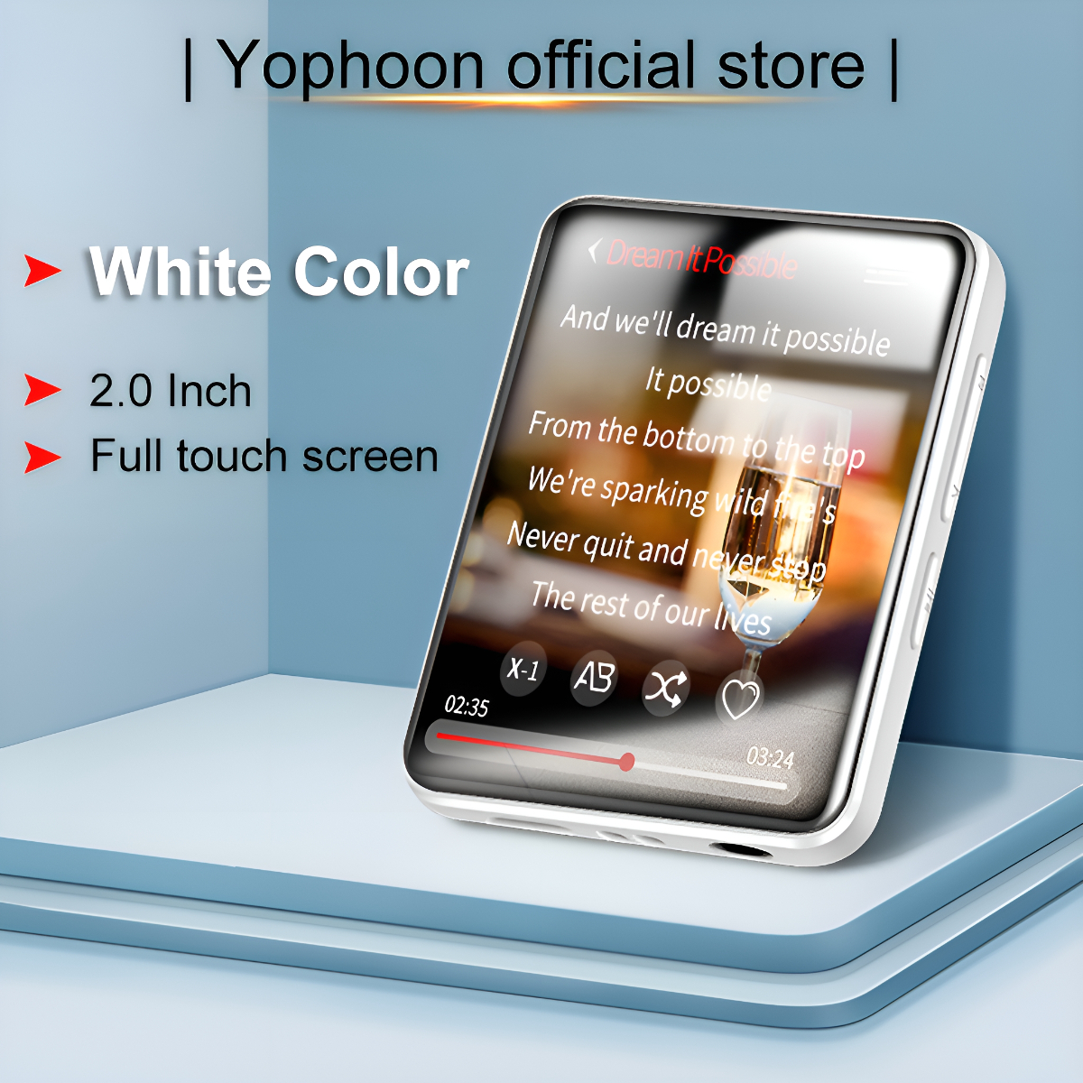 Ein weißer Touchscreen-MP3-Player. Text auf dem Bildschirm zeigt Songtexte, mit Wiedergabesteuerung unten.