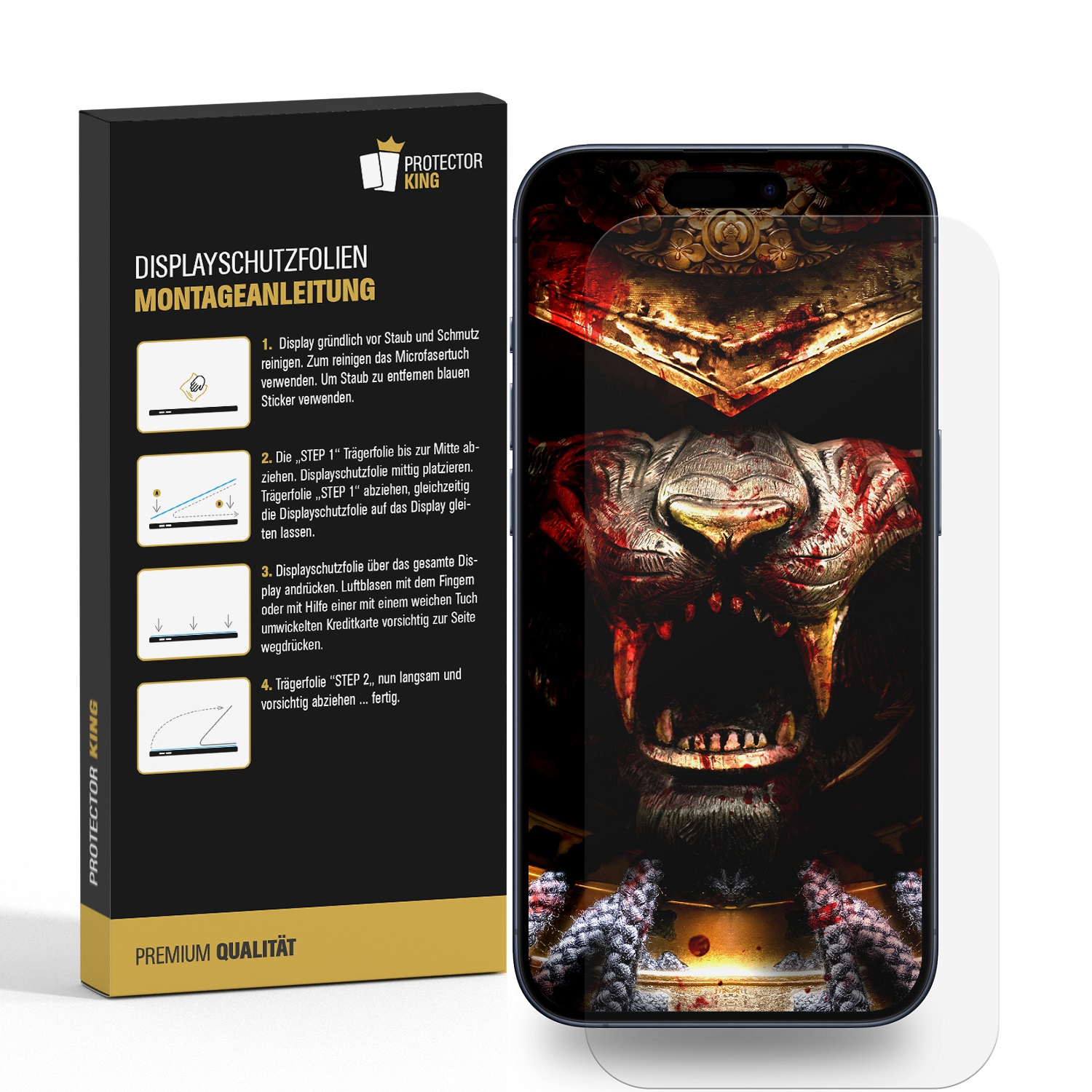 Handy Displayschutzfolien-Box und Handy mit Bild darauf.