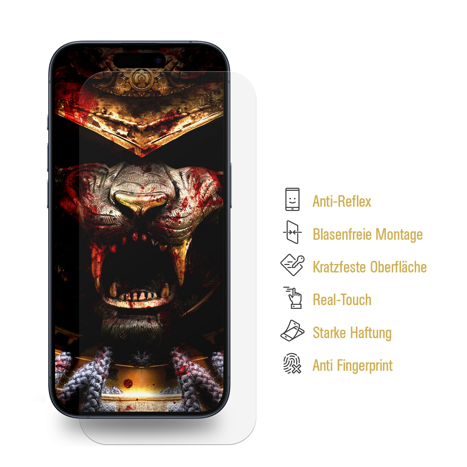 Telefonbildschirm mit Löwen-Design und Displayschutz.
