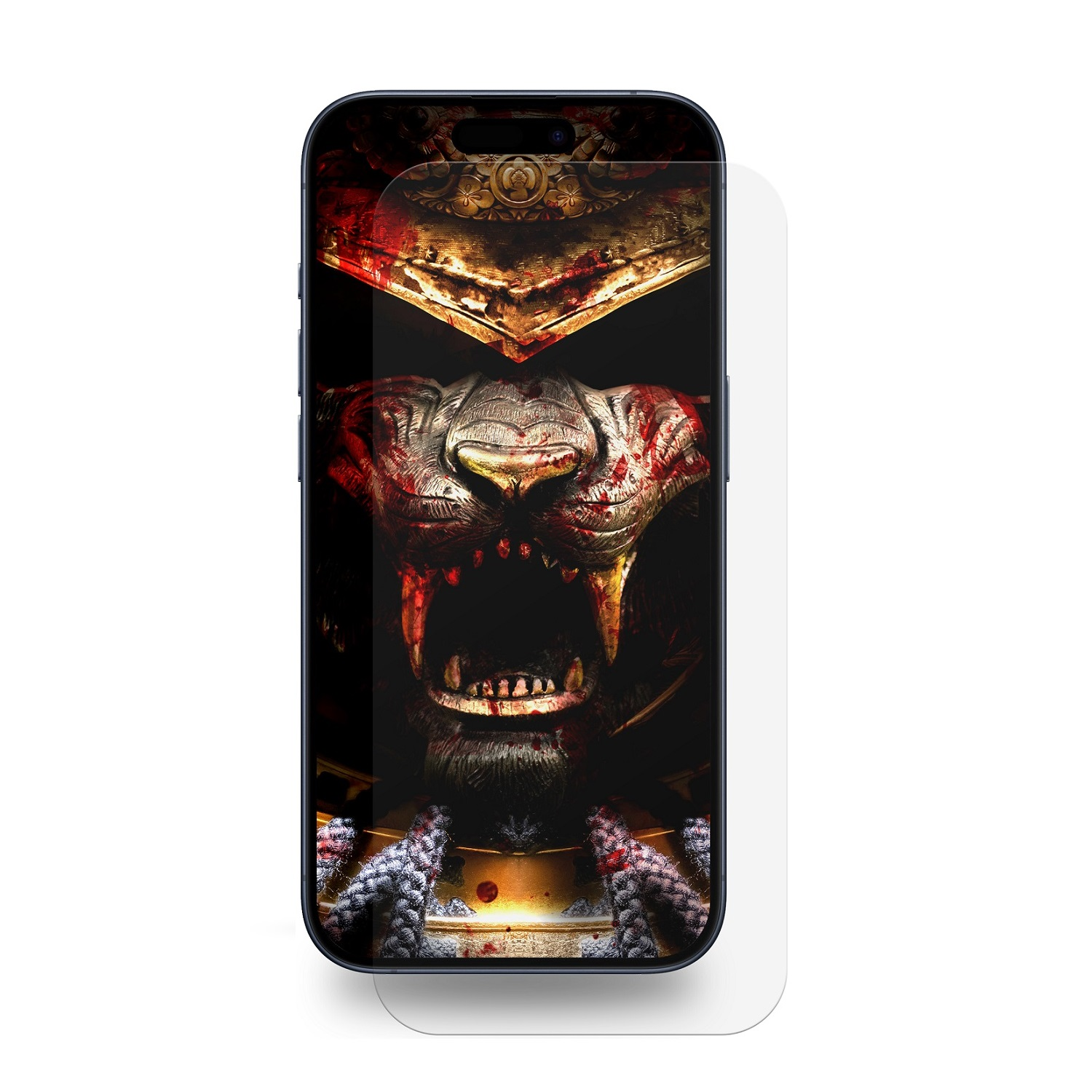 Handy-Displayschutzfolie mit einer Samurai-Maske. Das Telefon vor weißem Hintergrund.