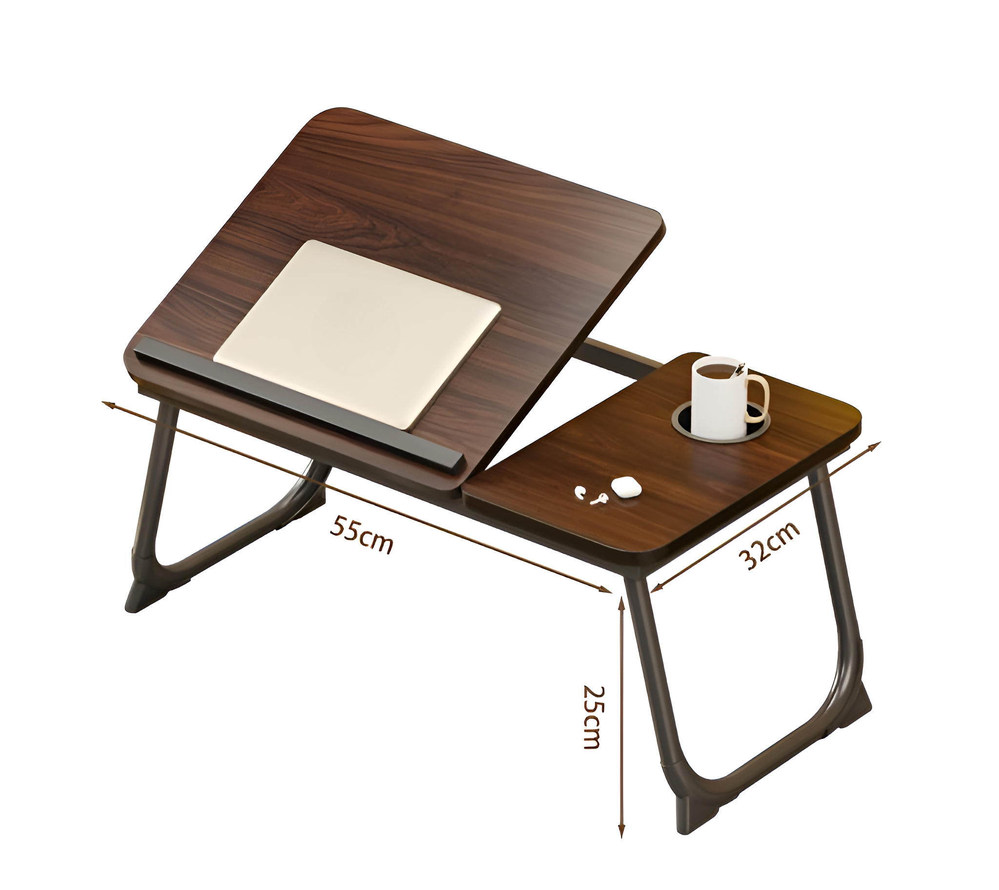 Ein Laptop-Schreibtisch aus Holz mit Abmessungen, der einen Laptop, eine Tasse und andere Gegenstände hält.