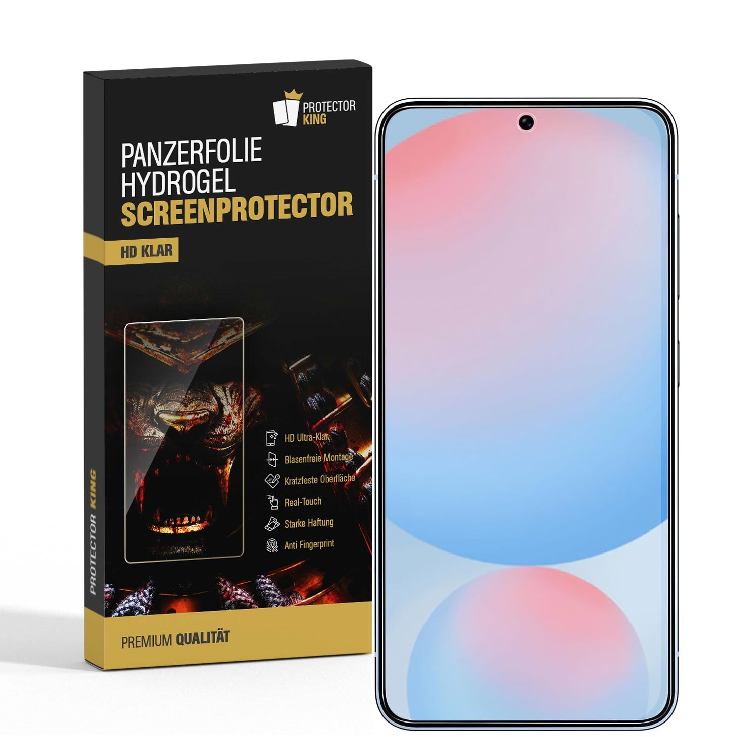Smartphone mit Displayschutz und Verpackung. Weißer Hintergrund, Verpackung mit Handy-Grafik.