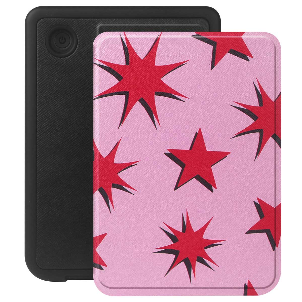 Un étui noir avec une couverture rose à motifs d'étoiles rouges sur fond blanc.