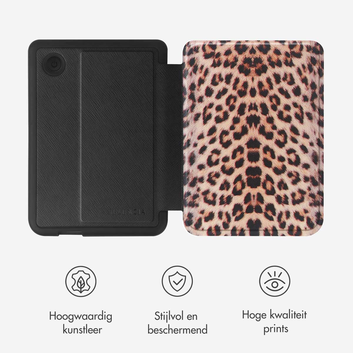 Un étui de tablette ouvert avec un motif léopard. L'étui porte le texte 'Hoogwaardig kunstleer'.
