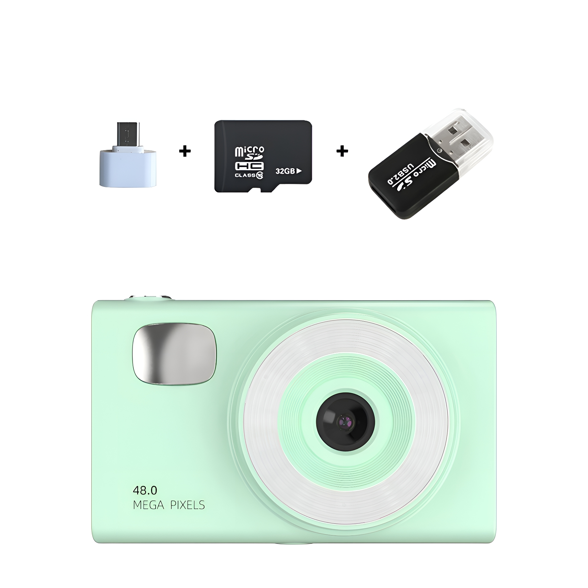 Minzgrüne Kamera mit 32GB SD-Karte, USB-Adapter und USB-Stick. Alles freigestellt auf Weiß.