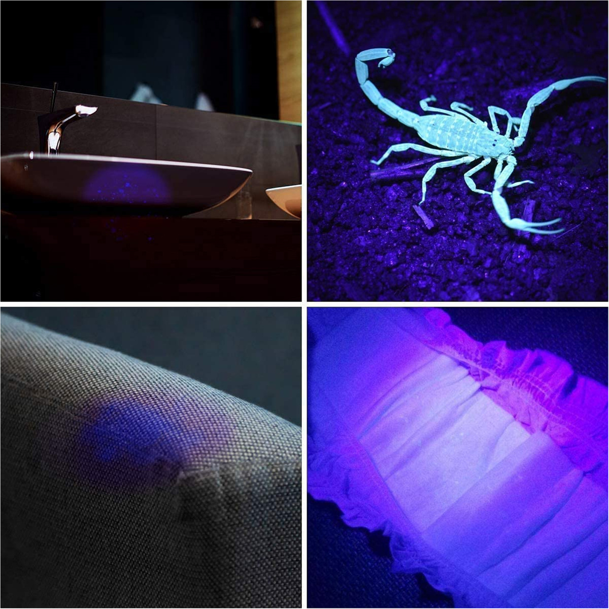 Vier Bilder einer Badeszene und Gegenstände unter UV-Licht, die Flecken zeigen.