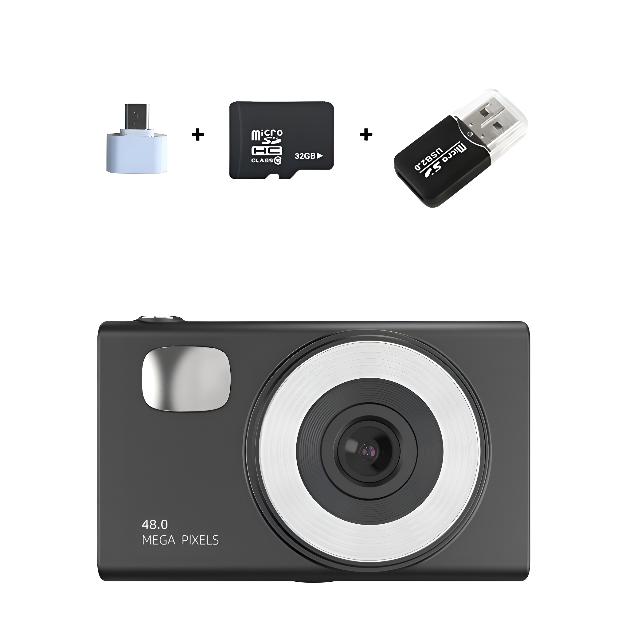 Schwarze Kamera mit Zubehör: Kartenleser, SD-Karte und USB-Adapter, weißer Hintergrund.