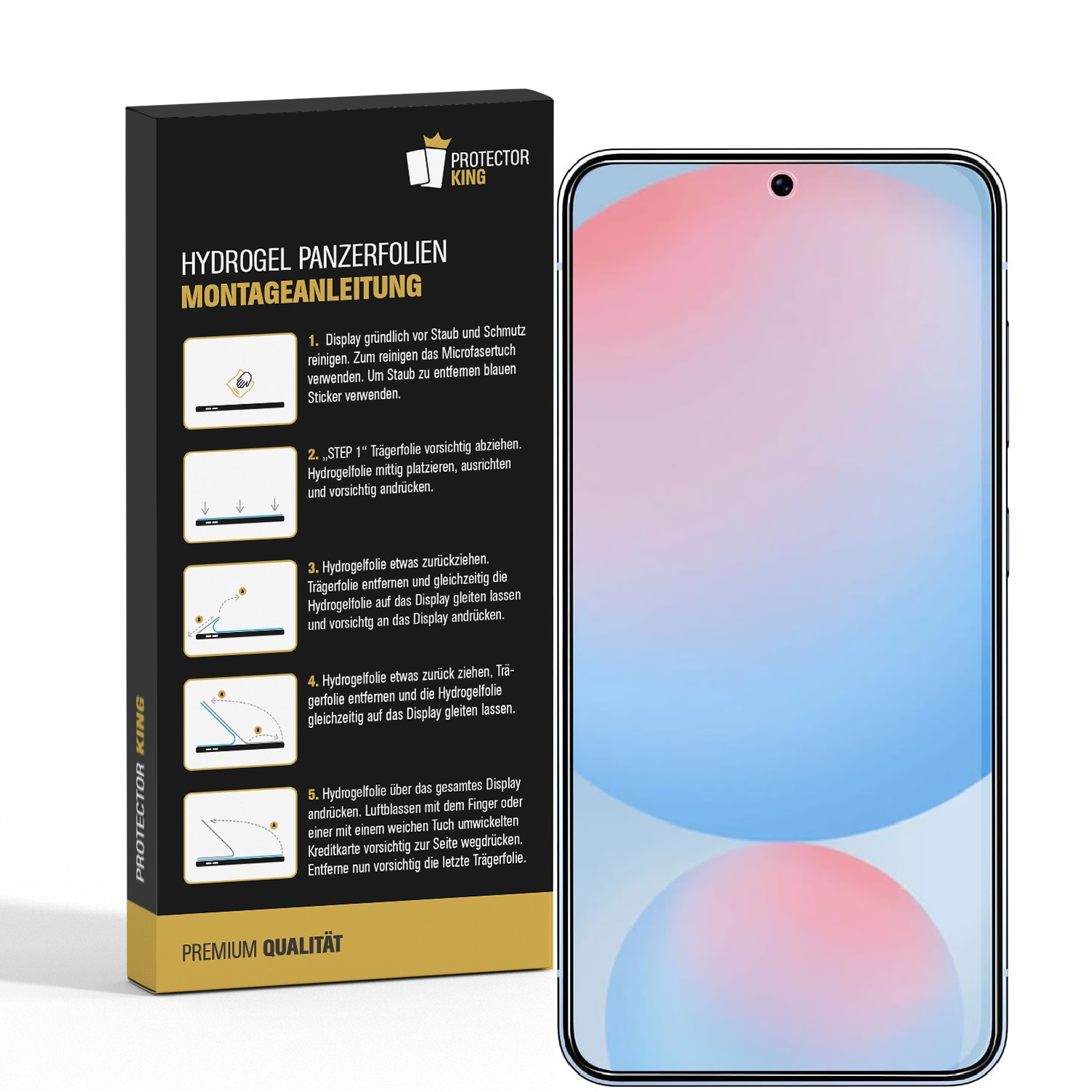 Telefon und Displayschutz. Anweisungen sind auf der Box angegeben.